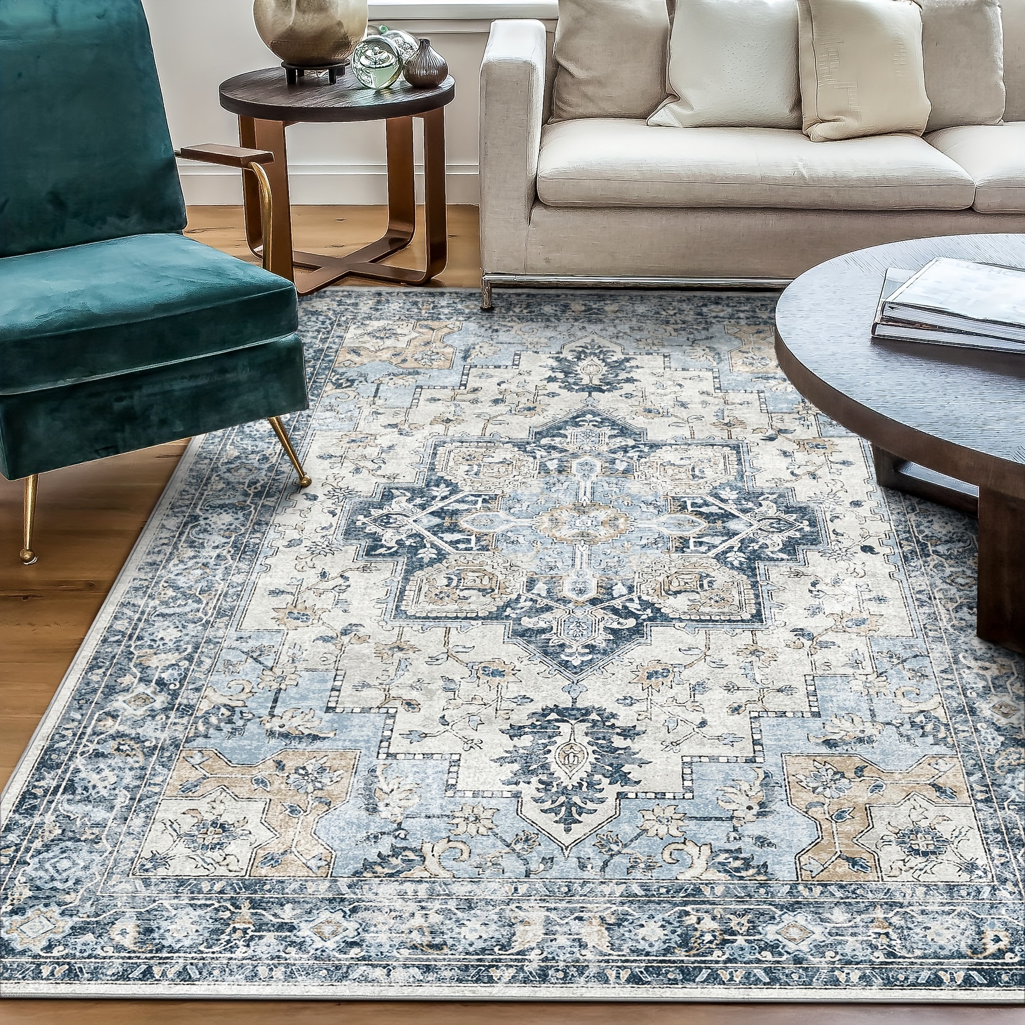 

Area Rugs For Living Room, Machine Washable Non Slip Vintage Retro Rugs, Low Pile Lightweigt Chenille Print Indoor Rug For Bedroom, Dining Room, Home Office, Blue