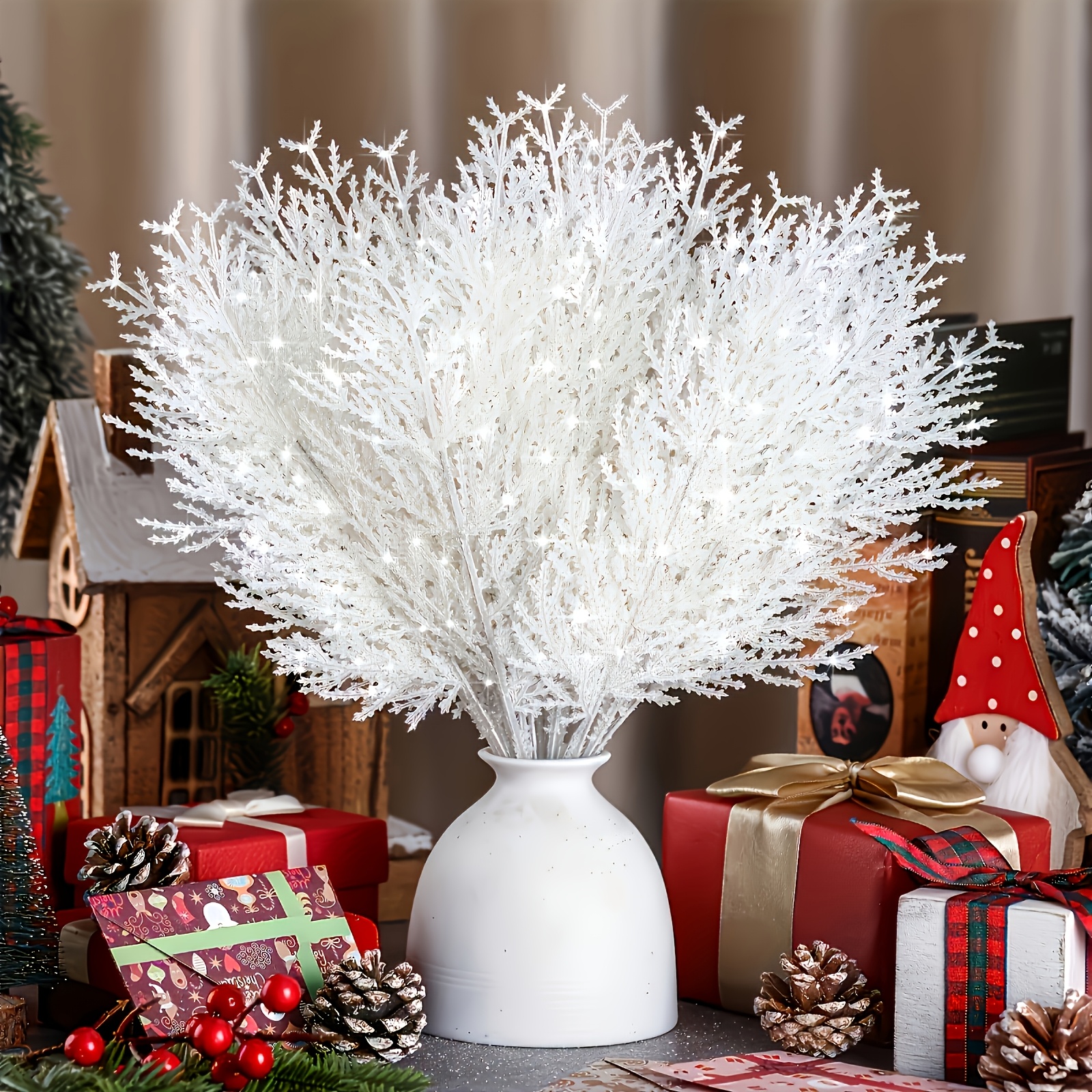 TEMU 16-32pcs Fleurs de décoration de Noël, aiguilles de pin artificielles, branches de pin pour , ramassage de branches, troncs brillants de Noël,