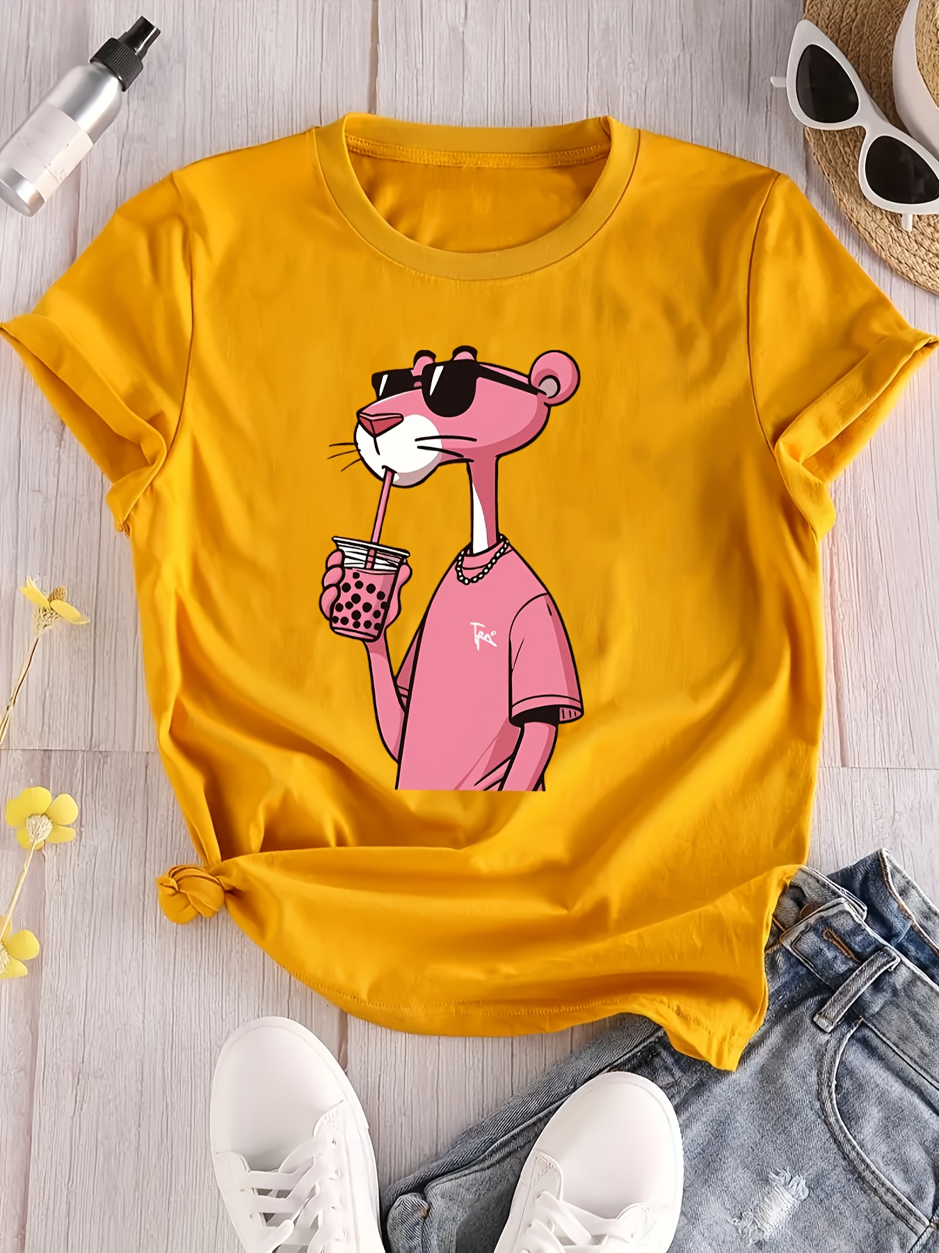 Women'S Casual Crew Neck T-Shirt with Cute Cartoon Print, Short Sleeve, Regular Length, Slight Stretch Fabric, Pink Tigger Design, Soft Polyester Material, Perfect for Casual Attir