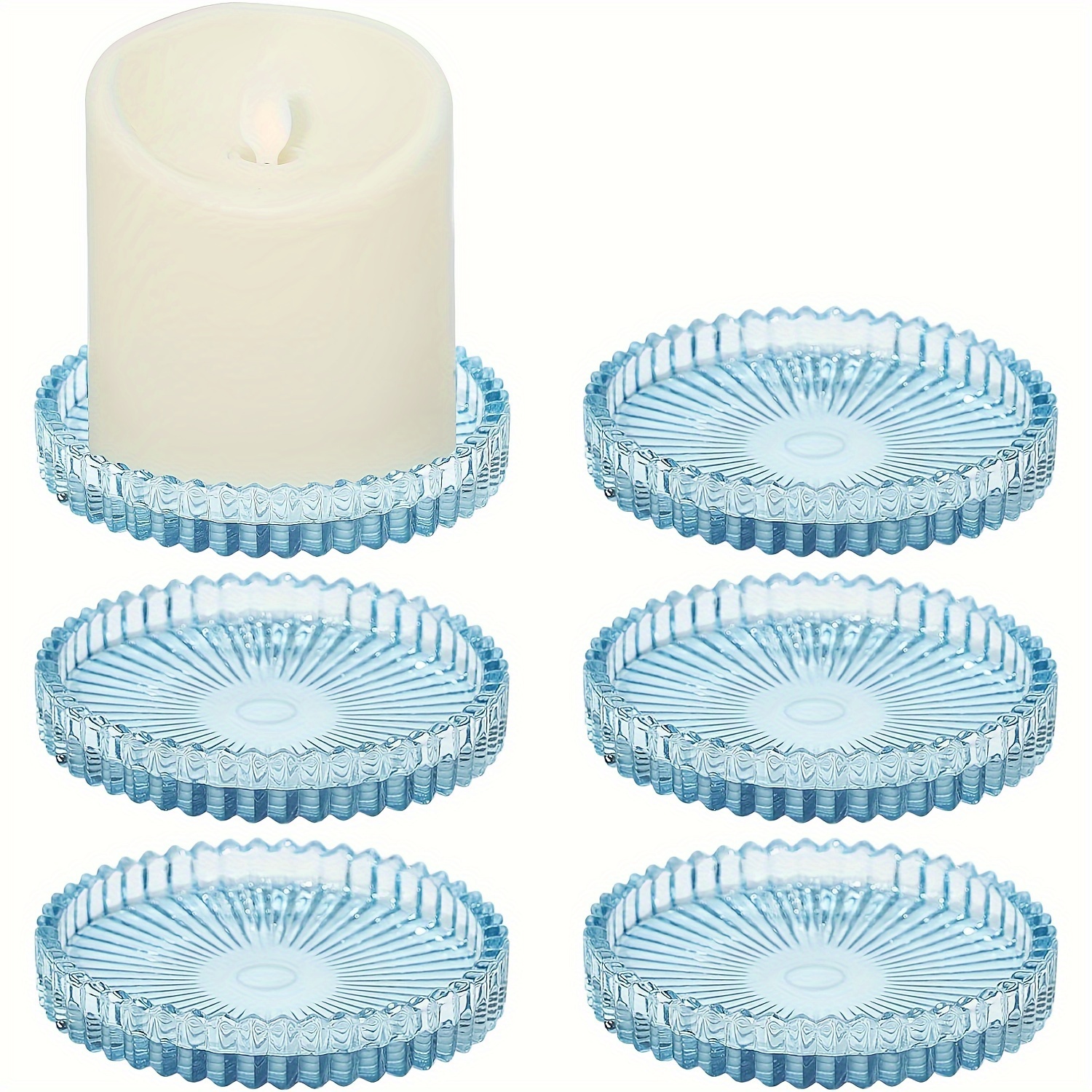 

Set Of 6 Glass Pillar Candle Holder 4 Inch Candle Holders For Pillar Candles, Candle Holder Plate Candle Stand For Table Centerpiece, Wedding, Party, Home Decor Blue