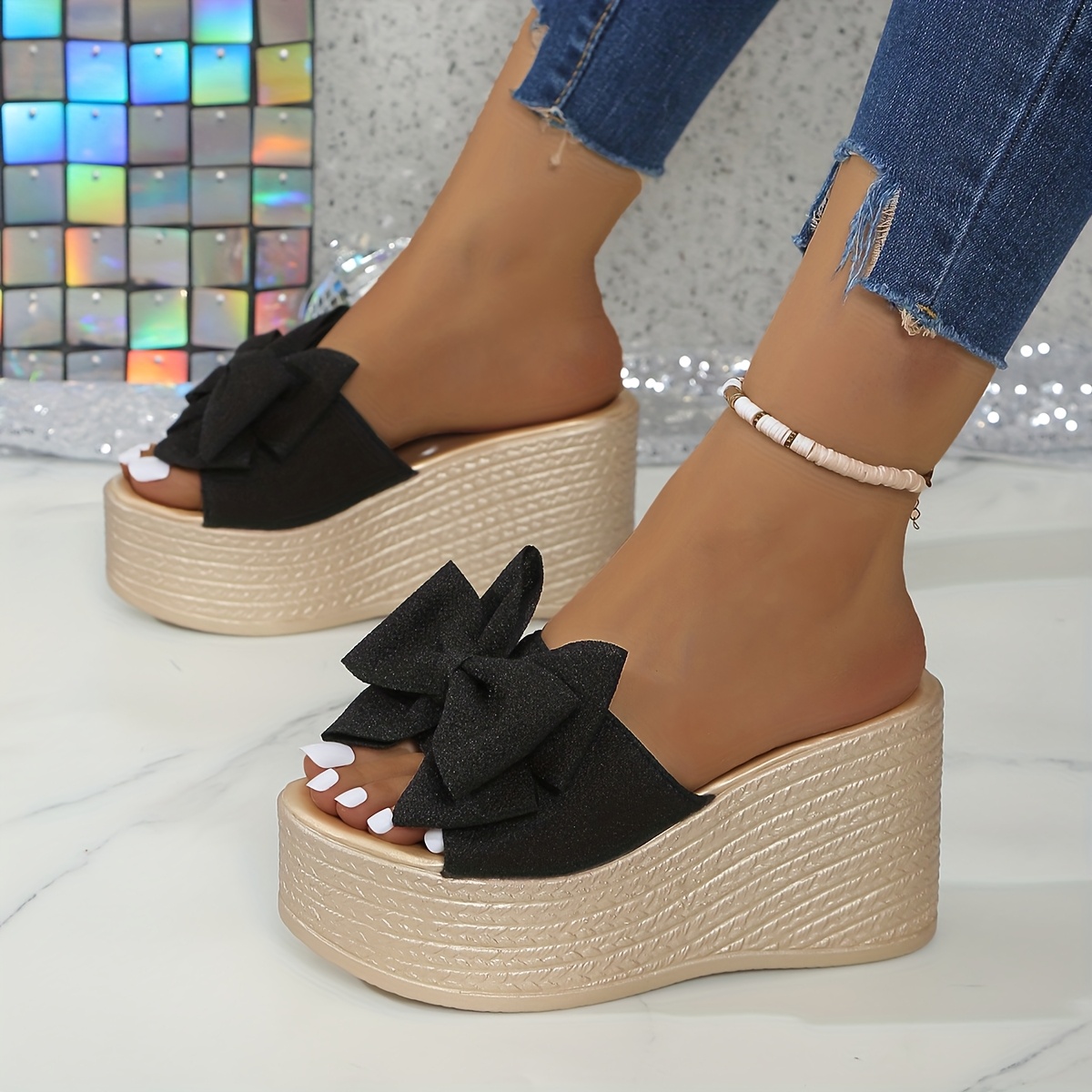 Women's Summer Bow Accent Slip-On Wedge Sandals - White & Burgundy Thick Cushioned Sole, Breathable Fabric Upper & Synthetic Cover Lining for Casual Outdoor Comfort, Casual Sandals | Bow Embellished Sandals | Rubber Sole Sandals
