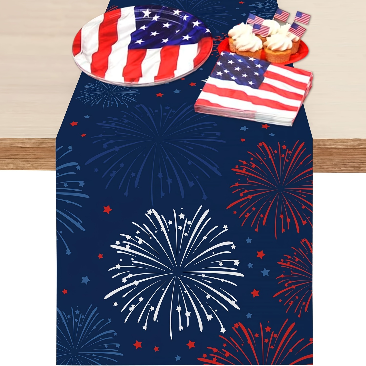 

1pc, 4th Of July Fireworks Table Runner Patriotic Usa Day Independence Day Table Runner Americana Stars Kitchen Dining Table Runner For Home Party Decoration, Red White And Blue