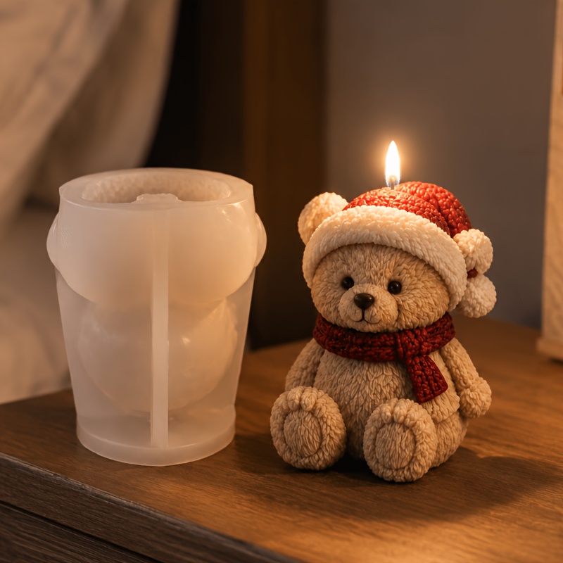 TEMU Molde de oso de peluche navideño CIBATU con gorro de Papá Noel y bufanda de punto, para manualidades de resina, cera y yeso | Forma de oso de