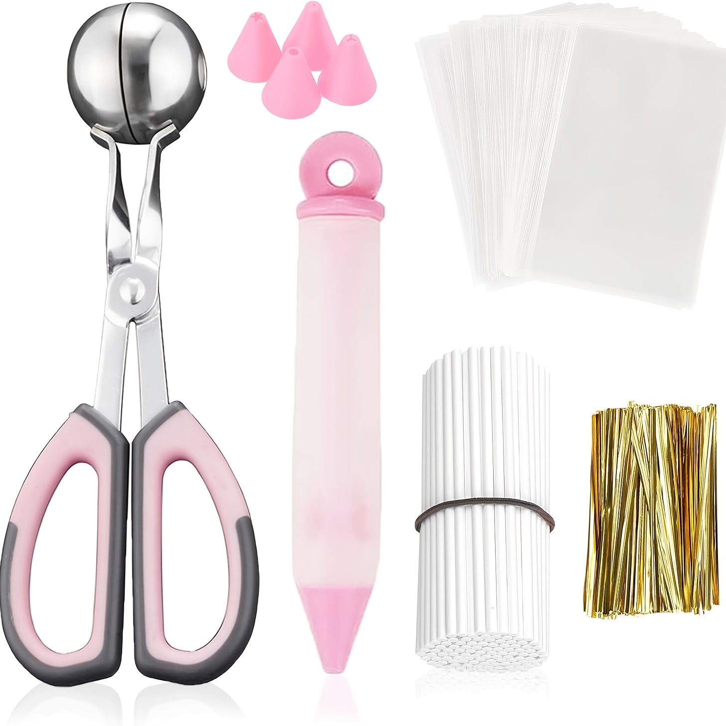 Image of 306pcs/set-cake , Including 100 Cake Pop Sticks And Wrappers, 100 Twist Ties, 1 Cake Pop Scooper And Decorating Pen, Cake Pops Making Tools For Lollipop, Candies, Chocolates And