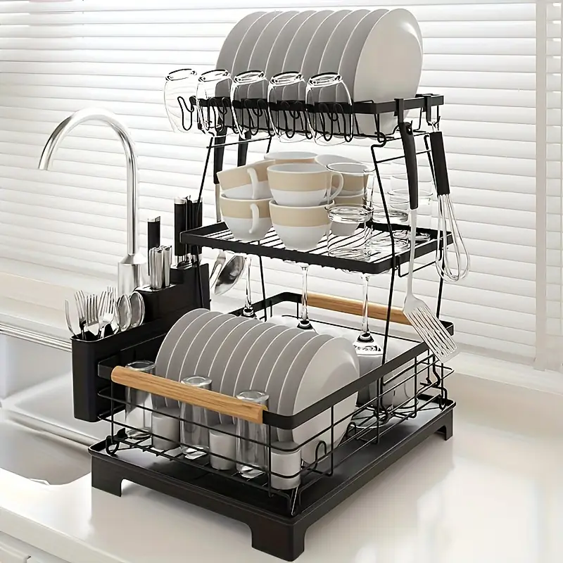 2 3 tier large dish drying rack with heavy duty iron kitchen organizer for dishes utensils cups knives space saving countertop storage with lower compartment Product details 0