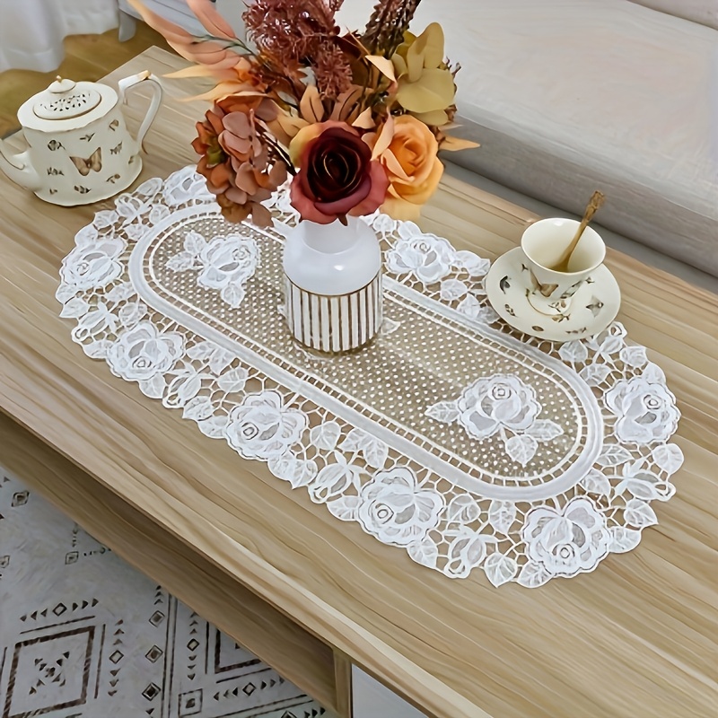 White Lace Oval Table Runner, Fabric Table Mat Coaster, Minimalist Style Coffee Table Mat, Home Decorative Pad, Tablecloth Cover