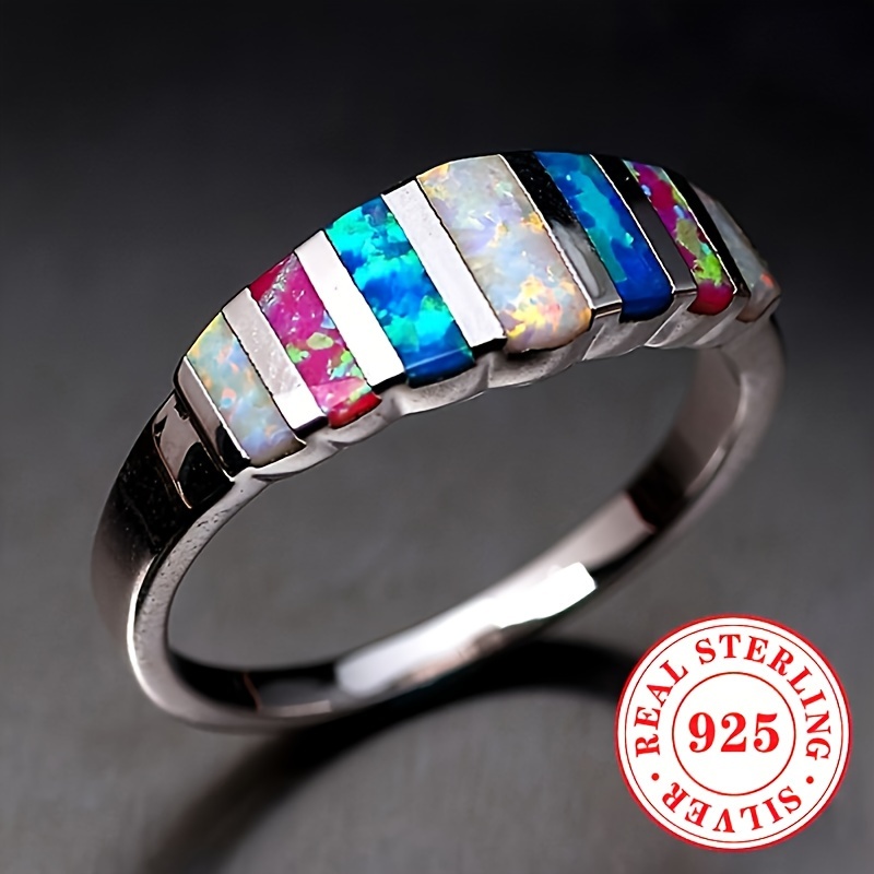 TEMU A Ladies' Fashion Ring Made Of 925 Sterling Silver, Showcasing A Vintage Elegant Design, With Synthetic Opal, The Birthstone For October, Ideal For Everyday Casual Use And Festive Occasions