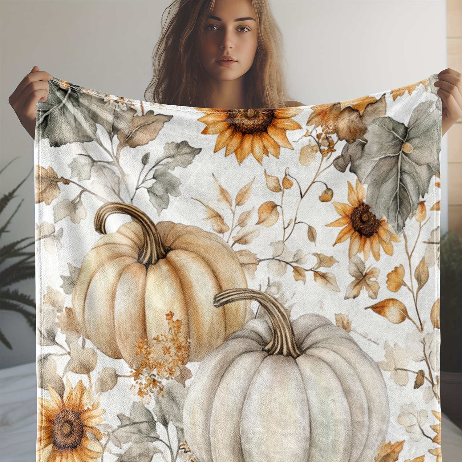 

Cozy Vintage Pumpkin & Sunflower Flannel Throw Blanket - Soft, Warm, And Versatile For Couch, Bed, Car, Office, Camping, And Travel - Perfect All-season Gift