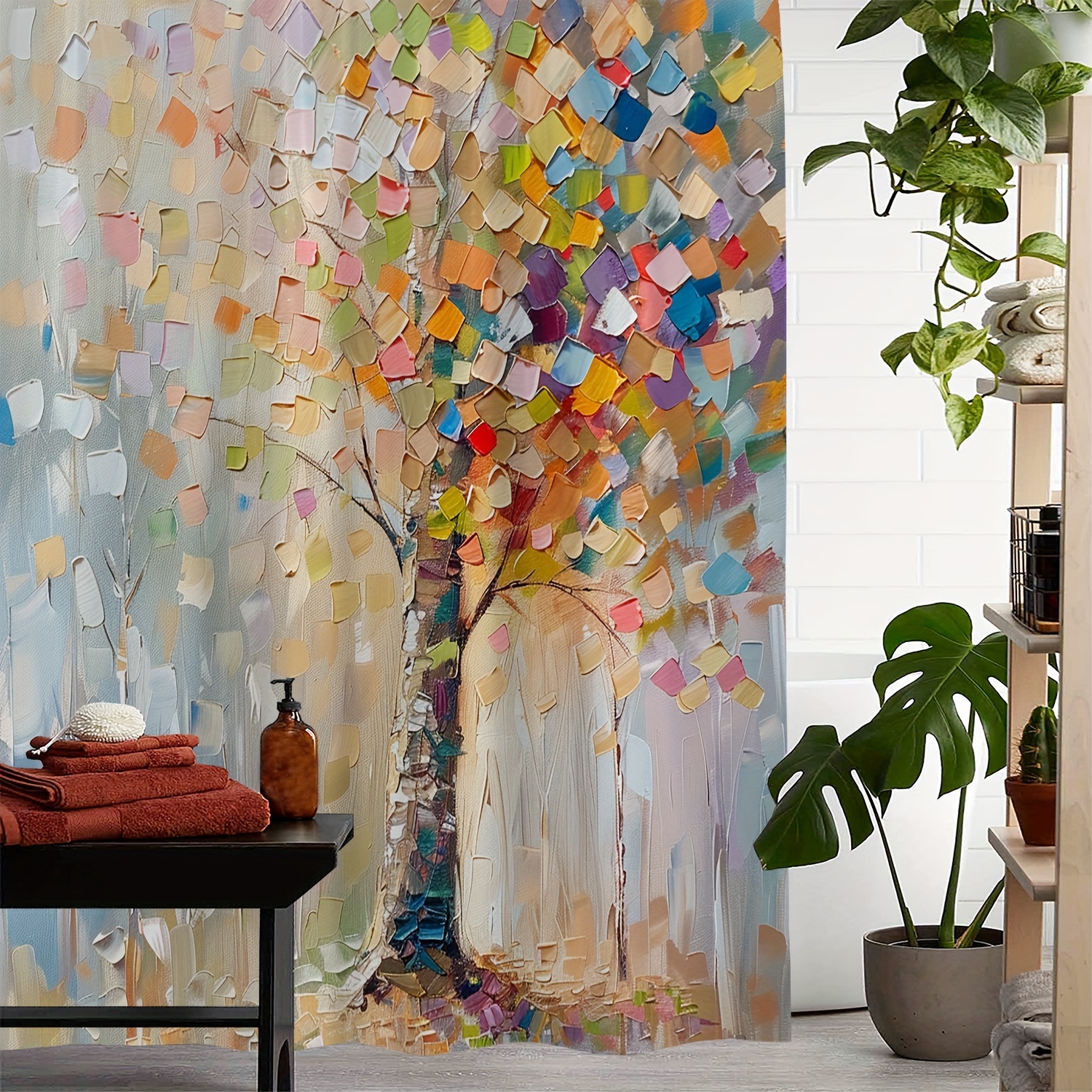 

Colorful Oil Painting Tree Print Waterproof Shower Curtain With 12 Hooks, Machine Washable, Water-resistant Polyester, Artistic Design, Woven Weave, Unique Patterned Bath Accessory