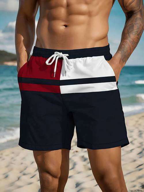 Men'S Beach Shorts, Color-Block Patchwork Design Pattern Print, Casual Polyester Fiber Drawstring Waistband, Men'S Swim Trunks, Men'S Swimwear, Men'S Fashion, Men'S Beachwear, Beach Man, Polyester Shorts, Summer Beach Vacation