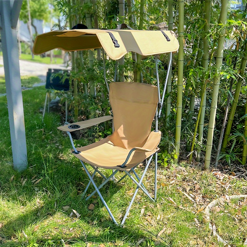 foldable camping chair with sunshade and armrest outdoor portable fishing picnic chair adult steel bracket durable oxford fabric seat cup holder leisure chair for bbq camp activities details 6
