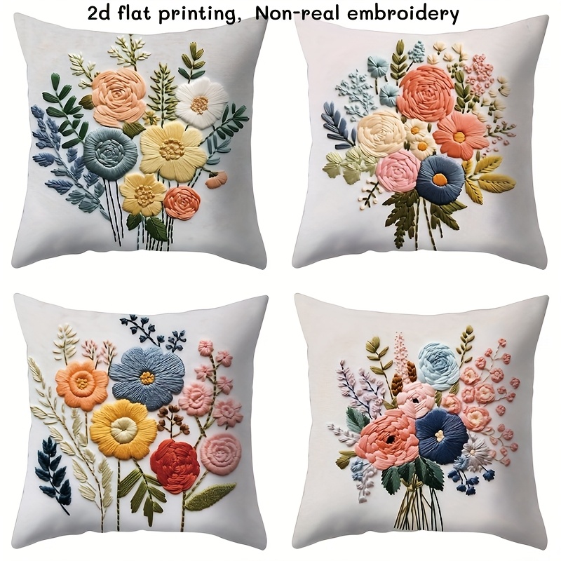 TEMU 4pcs. 2d Flat Printing. Hot New Style. Cushion Cover. Colorful Floral Flat Printing Embroidery Series Throw Pillow Covers. Features Vibrant