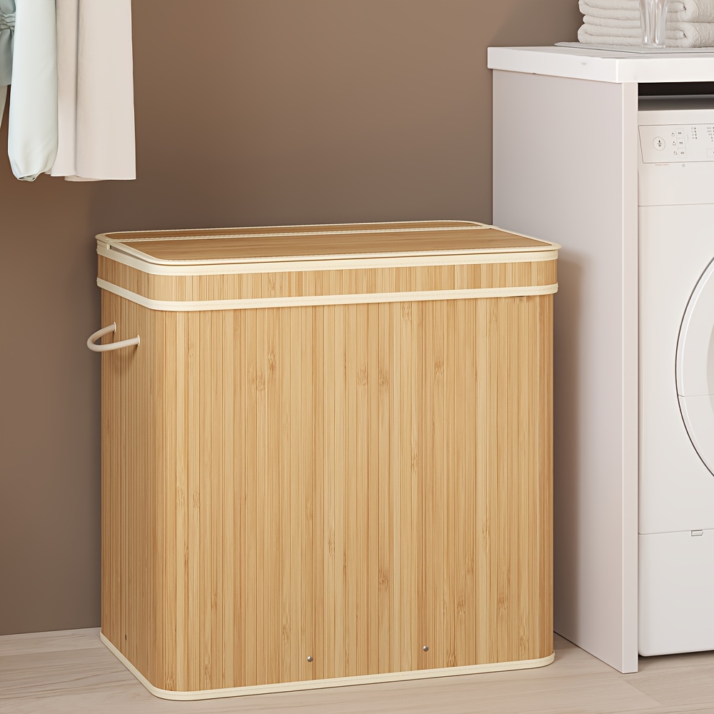 Image of Beige Laundry Basket Featuring A Lid, Made Of Bamboo, Includes A Laundry Bag With Detachable And Washable Handles, With A Capacity Of 150 , Laundry Hampers