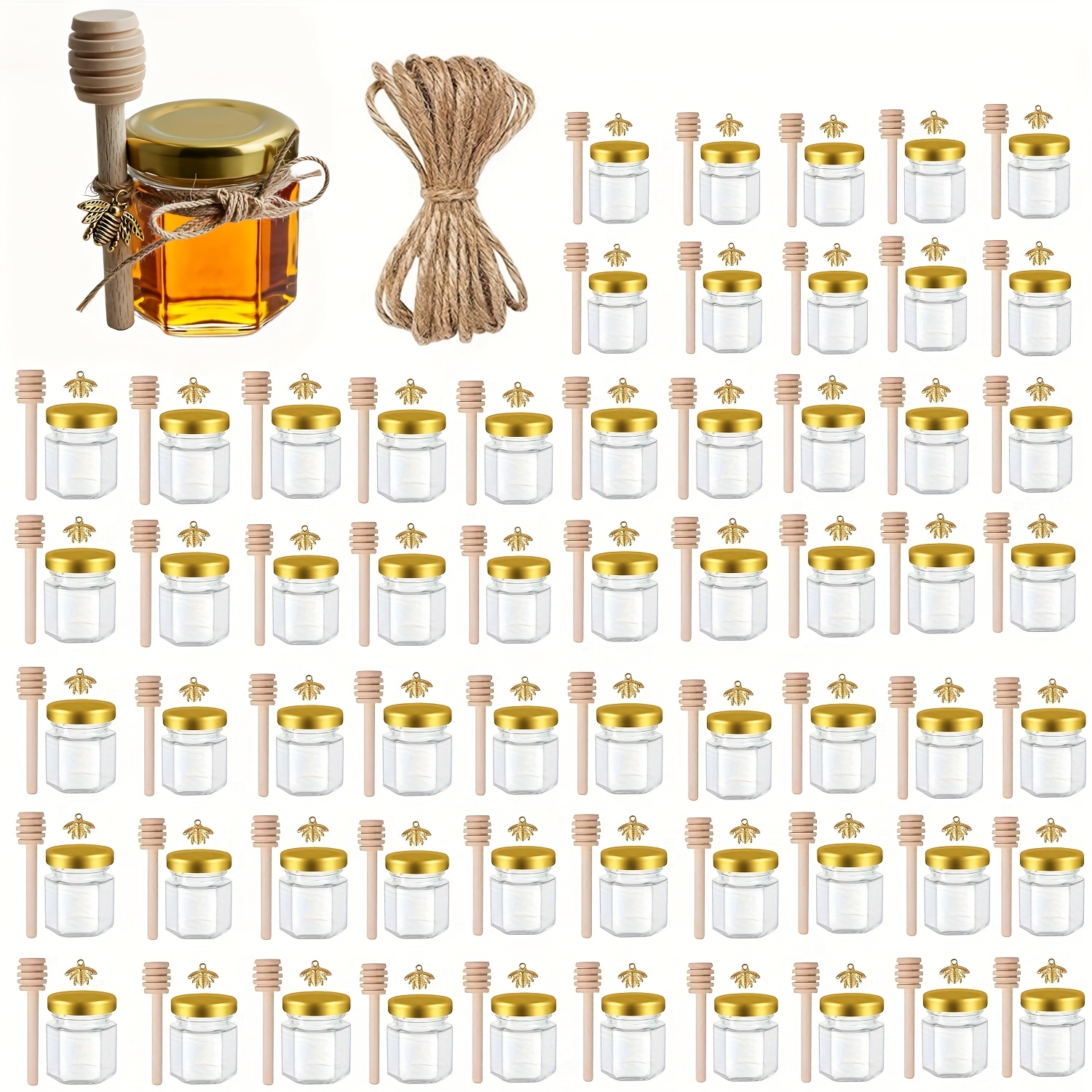 E-shop YOLOWE 1,5oz Mini-Glas Honiggläser mit Holzstäbchen, goldenen Deckeln & Bienen-Etikett – Sechseckige Wabenform für Baby-Shower,