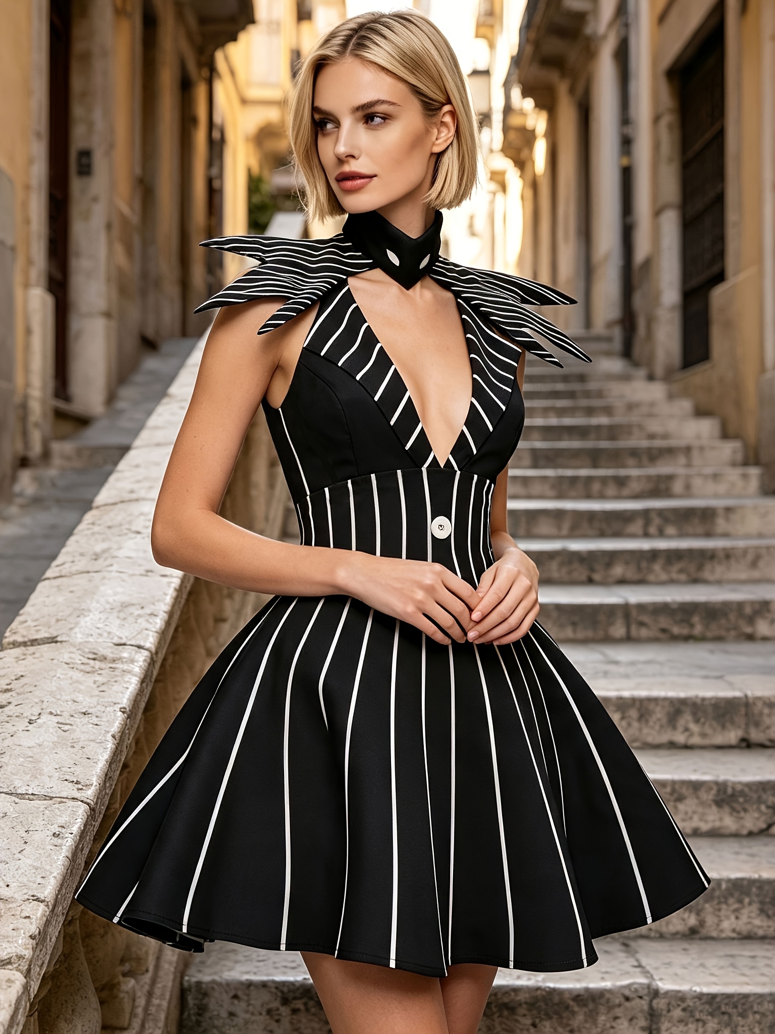 women halloween cosplay costume dress black white striped