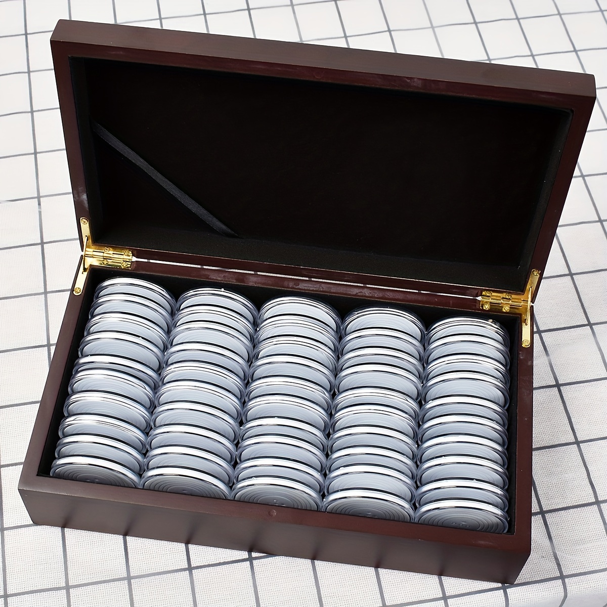 

1set Coins Capsules Storage Boxes W/ Wooden Case Holder Collection Display 50pcs 46mm + Adjustable + Storage Wooden Box