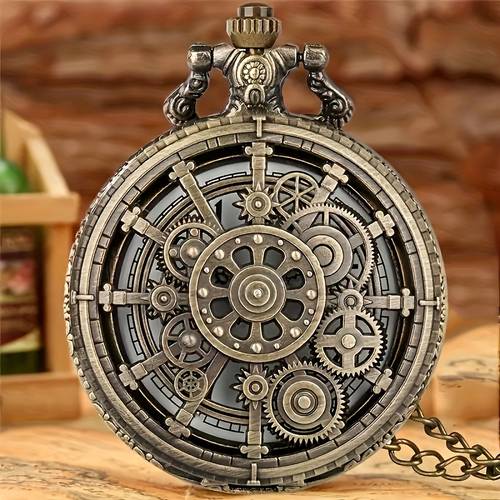 vintage steampunk gear pocket watch with long chain intricate mechanical design quartz movement alloy case round dial unique gift for couples couples gift item intricate gearwork
