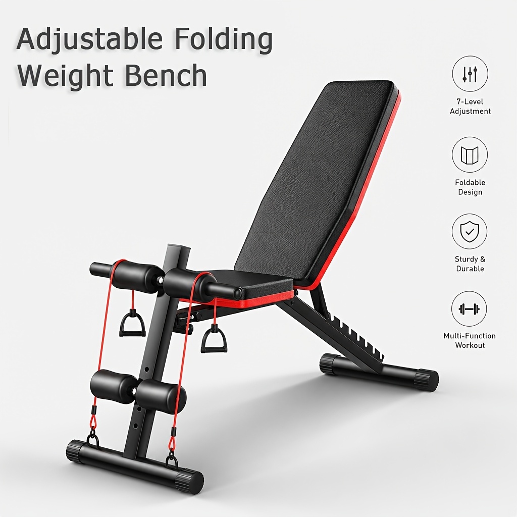 Image of Foldable Adjustable Weight Bench With Resistance Bands, 7-position Metal Frame Fitness Bench, Full Training Equipment For Home Gym Sit Ups & Outdoor Workouts