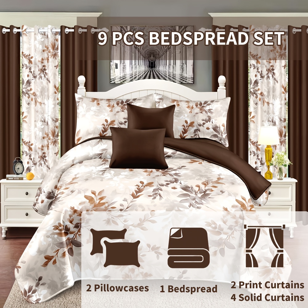 TEMU 9pcs Bedding, Includes: 1 Bed Sheet, 2 Pillowcases, 2 Printed Curtains, 4 Solid Color Curtains, Queen/king/cal King Size, Dark Brown Floral