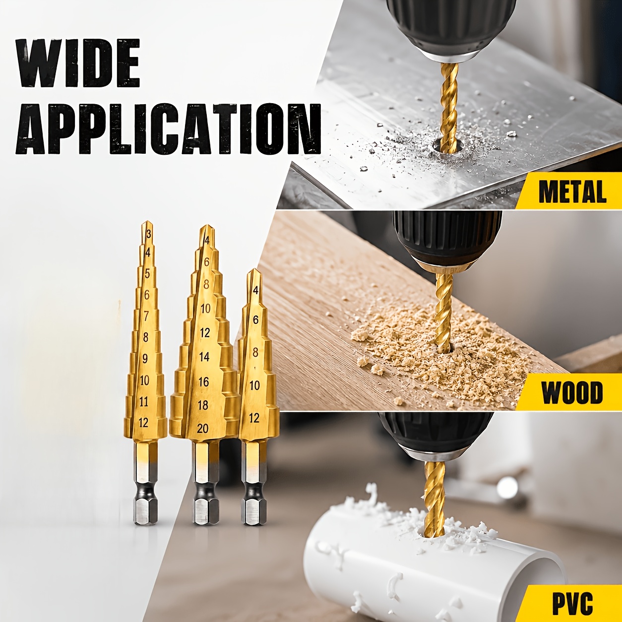TEMU Juego de brocas HSS Golden Step de 3-12 mm, 4-12 mm y 4 mm, diseño de flauta para perforación de madera y metal, sin de embalaje
