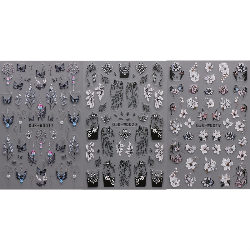 Image of 3pcs 5d Relief Retro Floral Relief Nail Stickers, Disposable Self-adhesive Backing Glue Nail Decoration Additions, Spring Summer Nail Stickers And Stickers, Suitable For Women And Nail Supplies