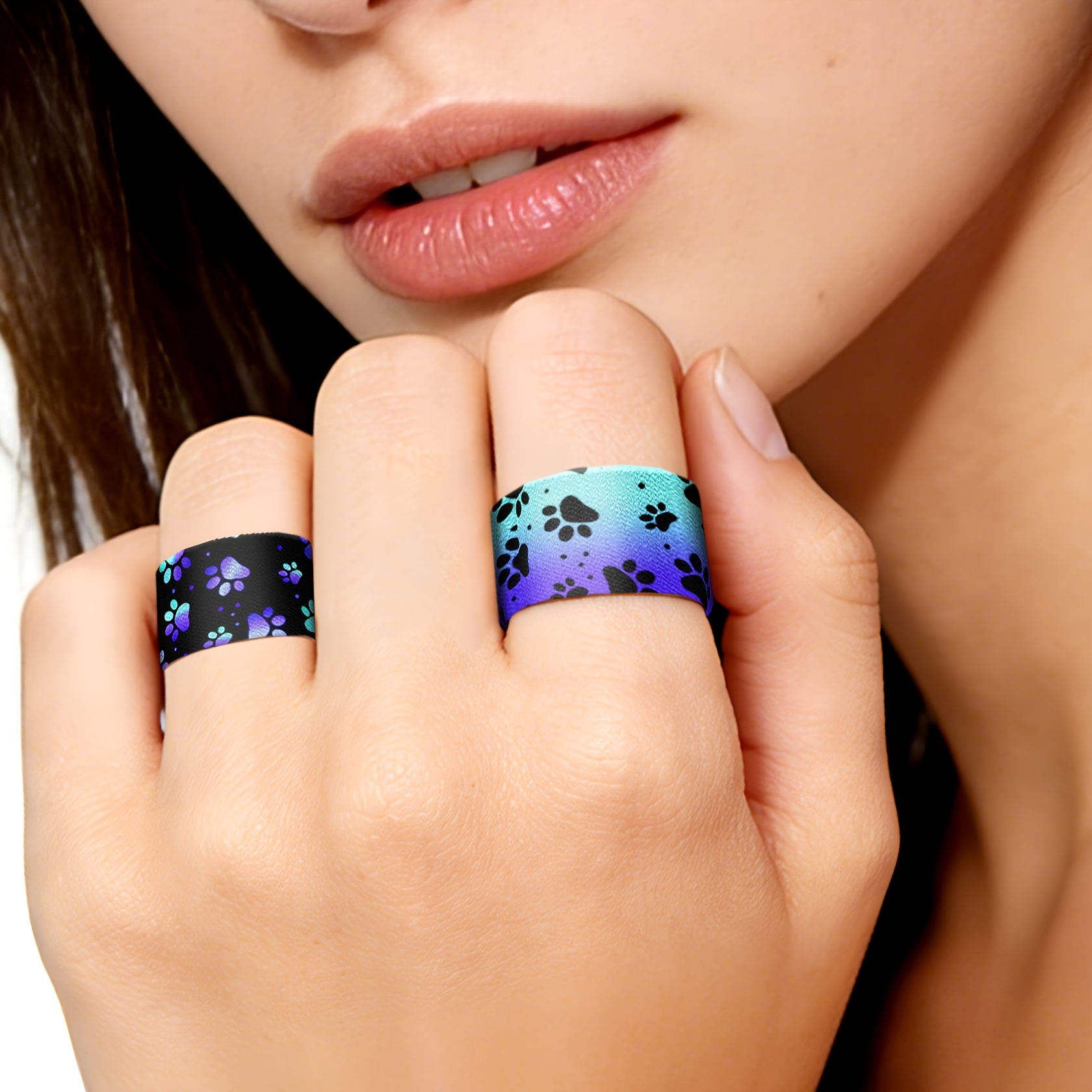 Blue Black Dog Paw Print Stretch Ring