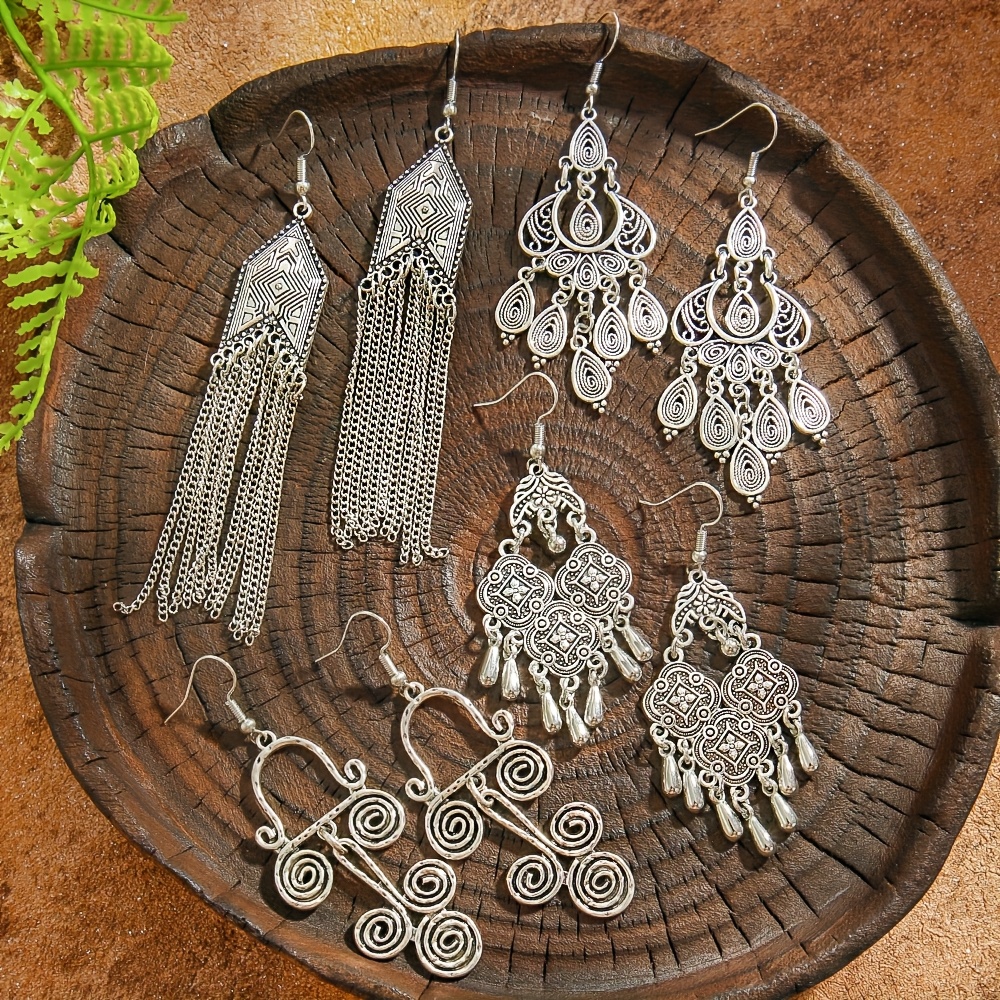 TEMU 1 Pair/4 Pairs Of Retro Ethnic Style, Silvery Geometric Alloy Blackened And Old, Multiple Styles Are Available, Easy, Fashionable And Classic