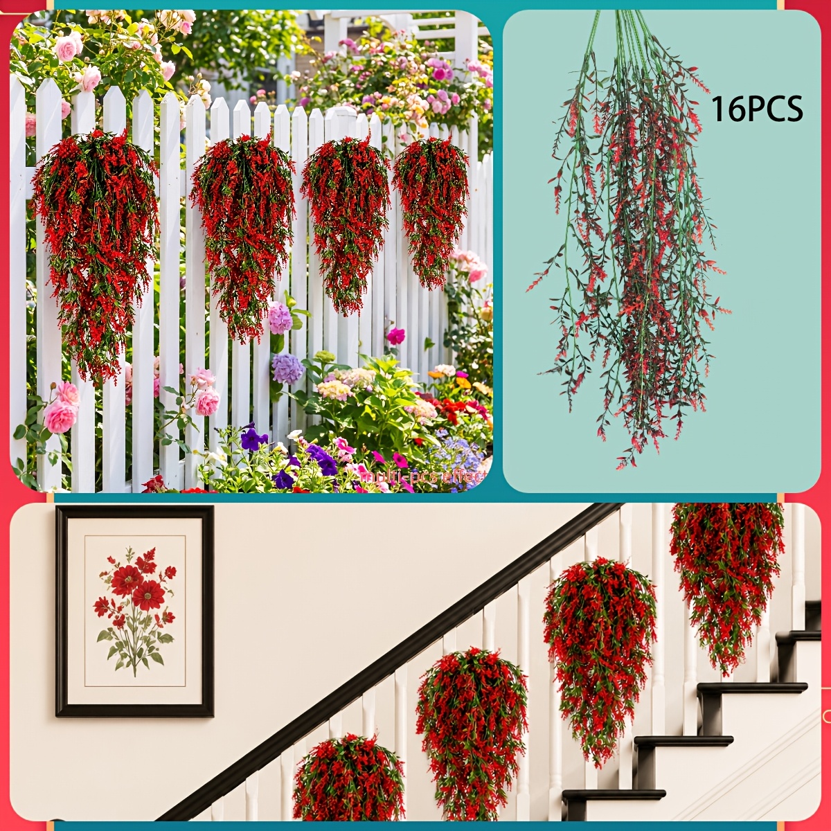 TEMU 16pcs Vibrant Red Artificial Flowers, Uv-resistant Faux Plants, Suitable For Indoor And Outdoor Autumn/winter Decor, Front Door Entrance, Porch,