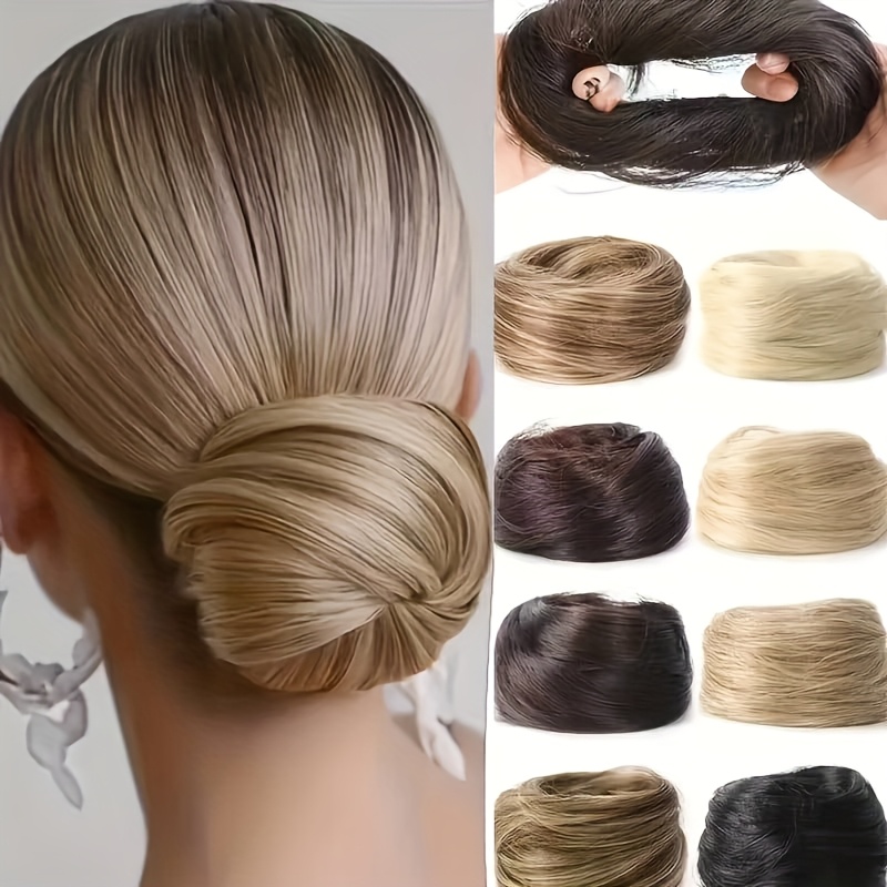 изображение предмета бразильский пучок из натуральных человеческих волос 4 дюйма с бубликом-основой и резинкой для волос - натуральная прическа-шиньон для женщин, простая установка на заколке/резинке, доступно несколько цветов: светло-коричневый/блонд/ /темно-коричневый/темно-синий. подходит для свадеб, фестивалей