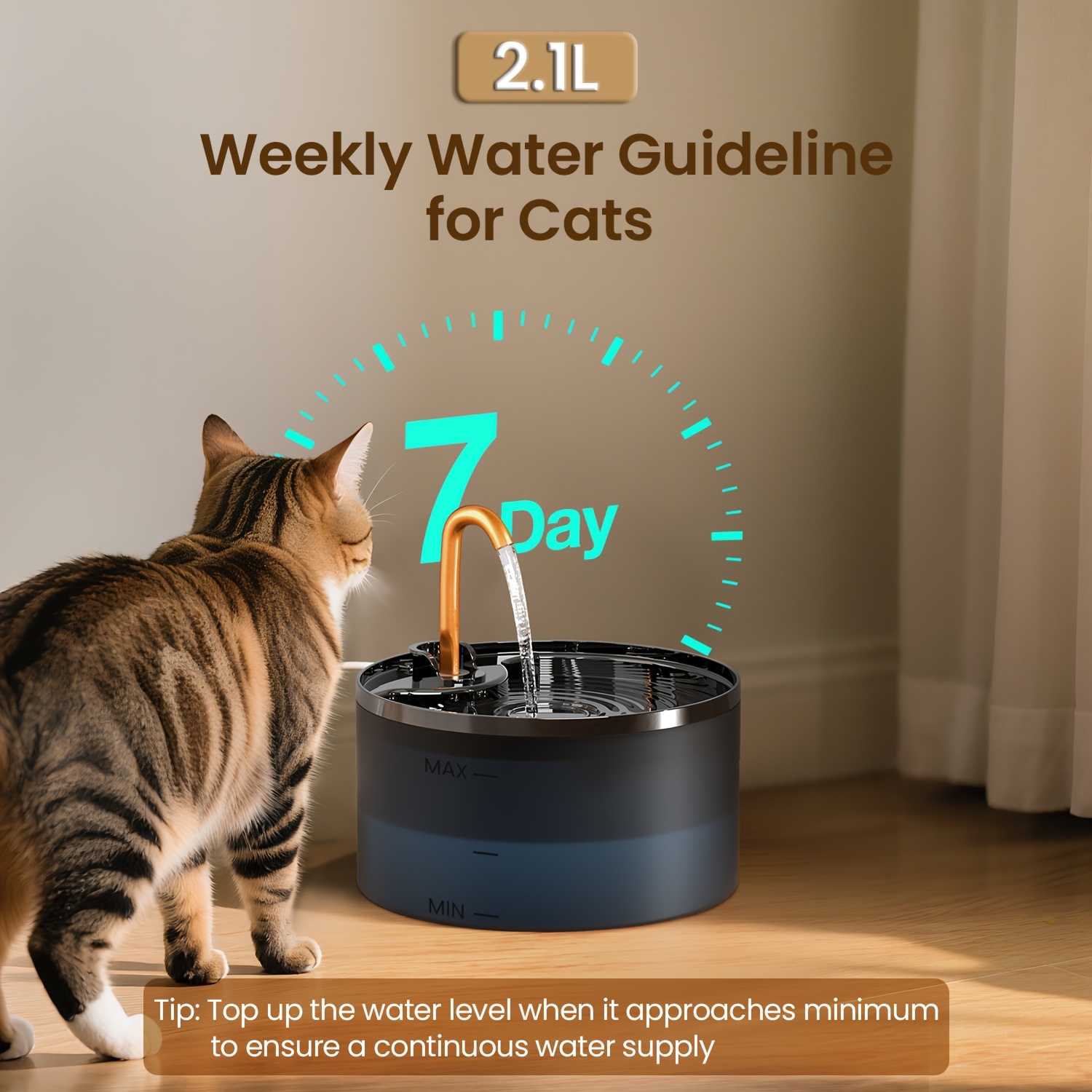 Fontaine à Eau pour Chat, 71oz/2.1L avec Robinet en Cuivre, Bol et Distributeur Automatique en Plastique avec 3 Filtres Remplaçables