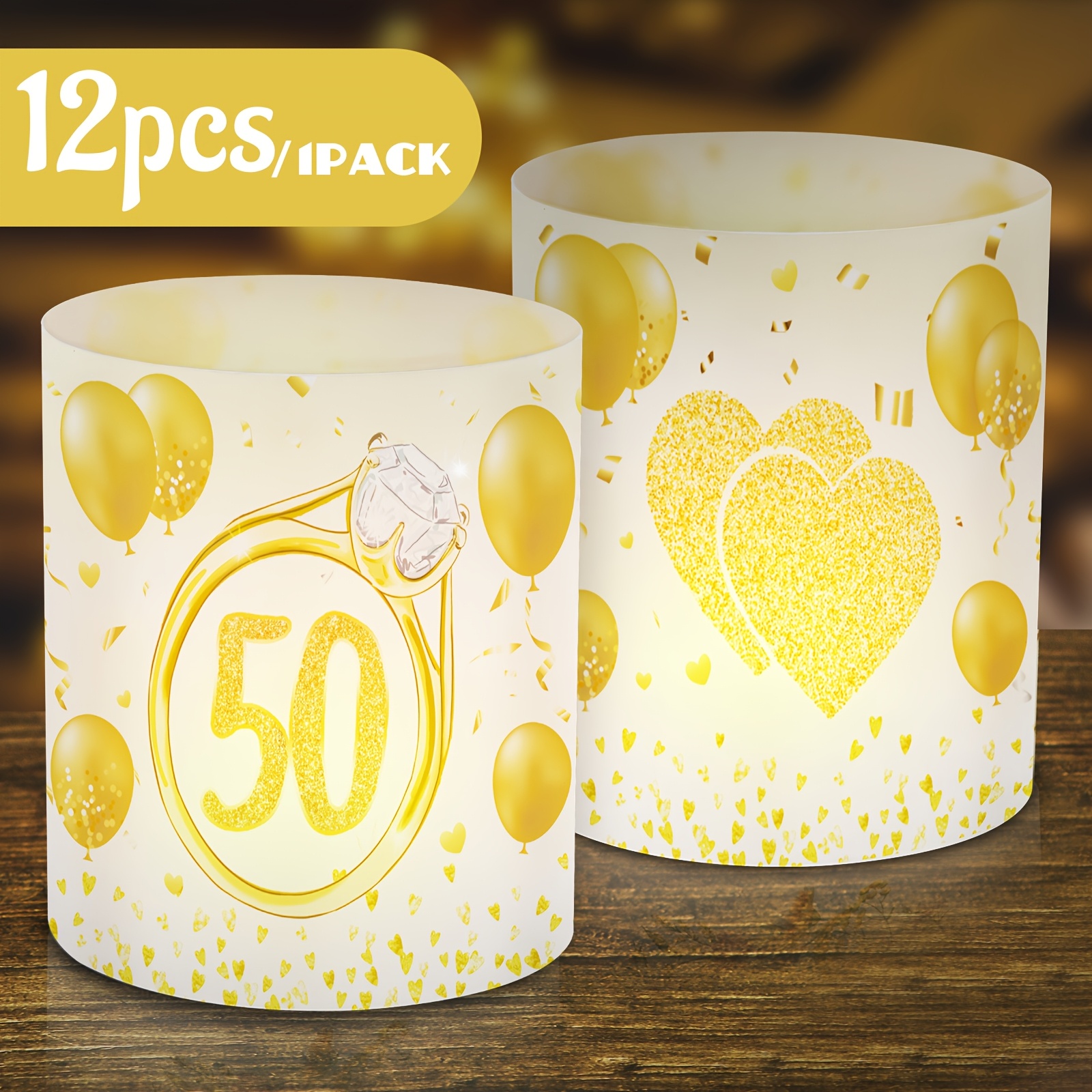 Image of 12pcs For Golden Lampshade Desktop Decoration -50th Anniversary For Gift Commemorative Day Decoration, Suitable For Pairing With Tea Lamps Or Candles, Suitable For Celebrations, Weddings, Dinners