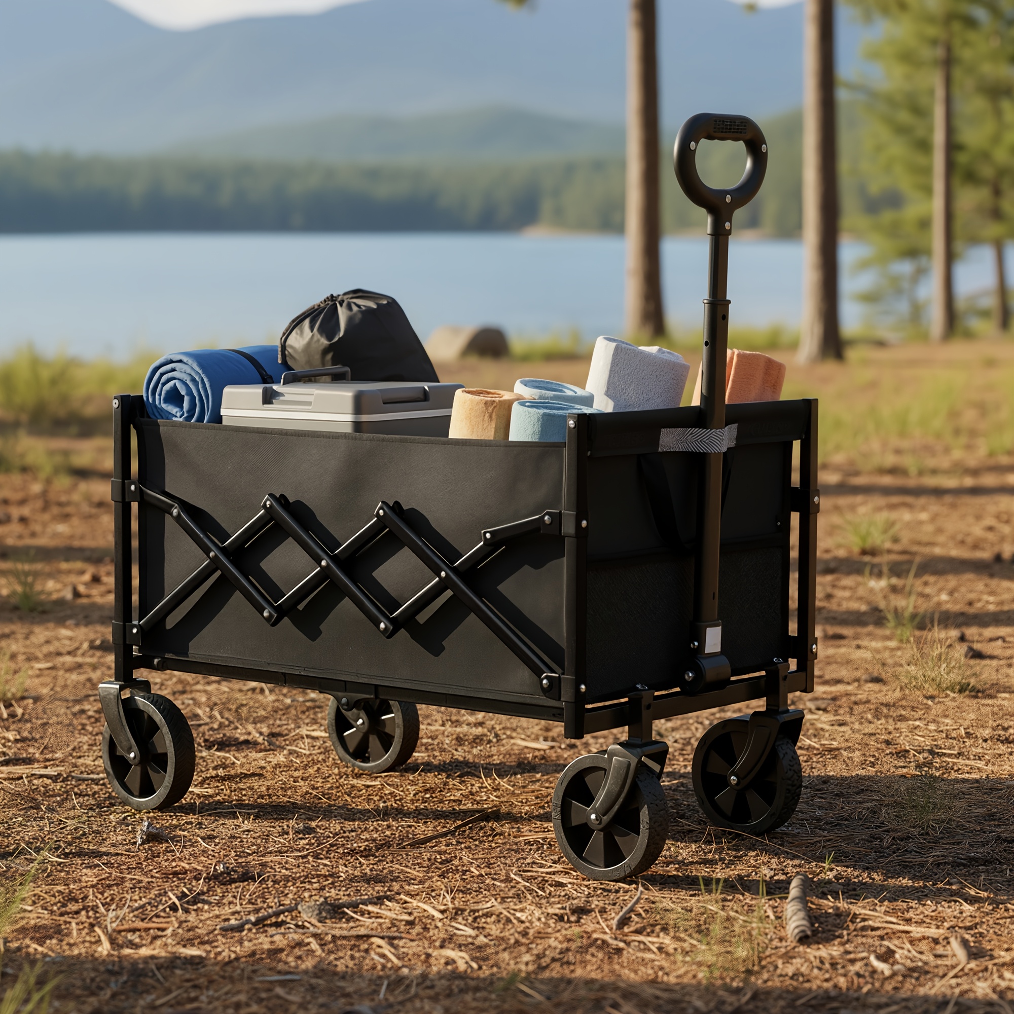 Outdoor Utility Wagon, 90l Collapsible Garden Trolley With Adjustable Handle, 4 Wheels, Camping, Heavy Duty