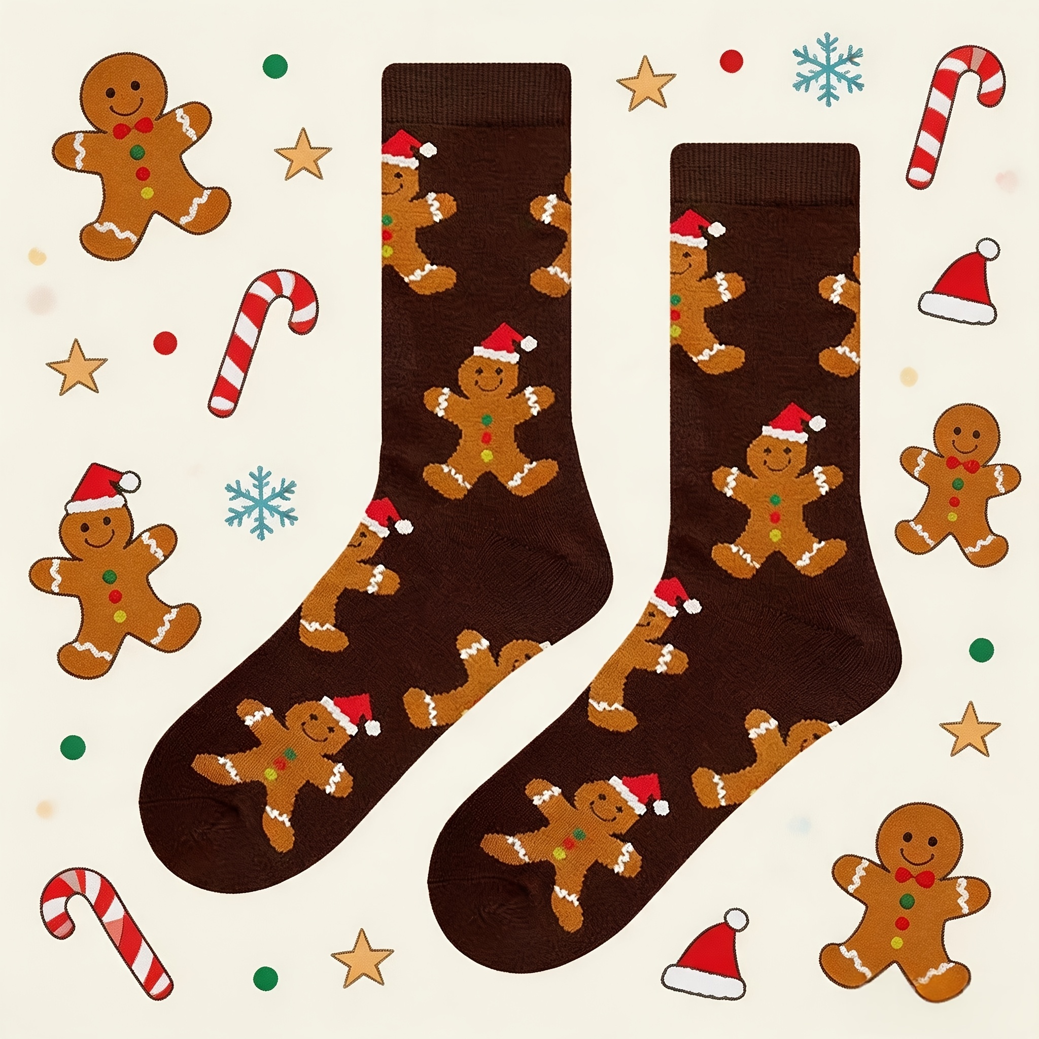 TEMU 1 Pair Unisex Christmas Gingerbread For Man Socks With Santa Hat - Warm Stretchy Mid-calf Suitable For,, , For Winter Parties, Daily Wear, Gift