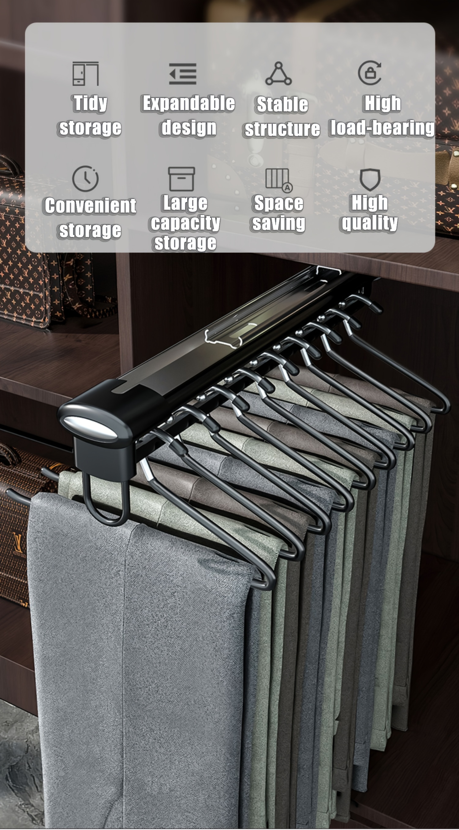 Space-Saving Top-Mount Telescopic Pant Organizer - Adjustable Aluminum Closet Storage Rack with Small Space Shelves, Easy Installation, Compact & Durable, Ideal for Apartment Closets, Closet Organization | Modern Closet Organizer | Adjustable Rods, Closet Organizers And Storage, Mounted Closet Systems