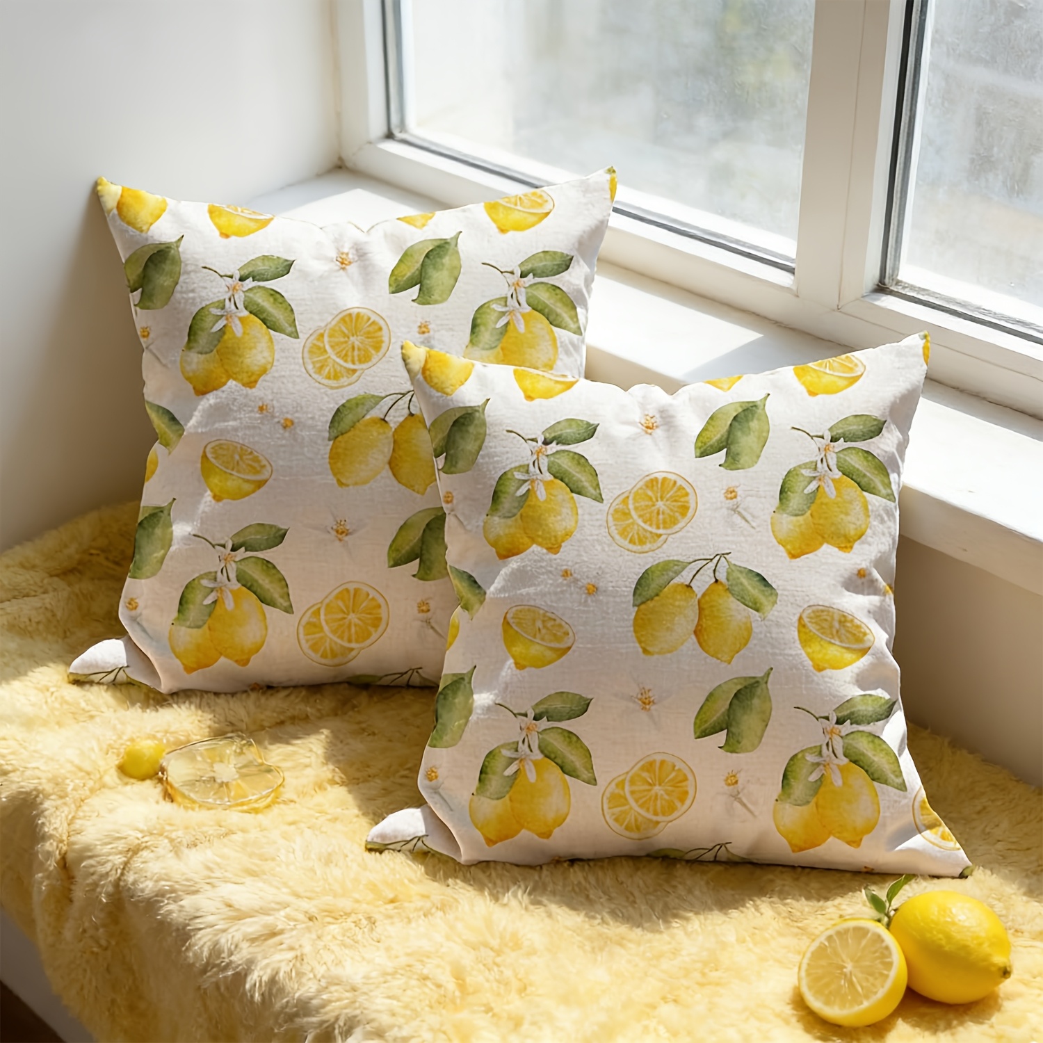 E-shop 2er-Set dekorative Kissenbezüge Sommer-Zitrone, 18x18 Zoll, einseitig bedrucktes Kissenbezug-Set mit Zitronenmuster, geeignet für Schlafzimmer,