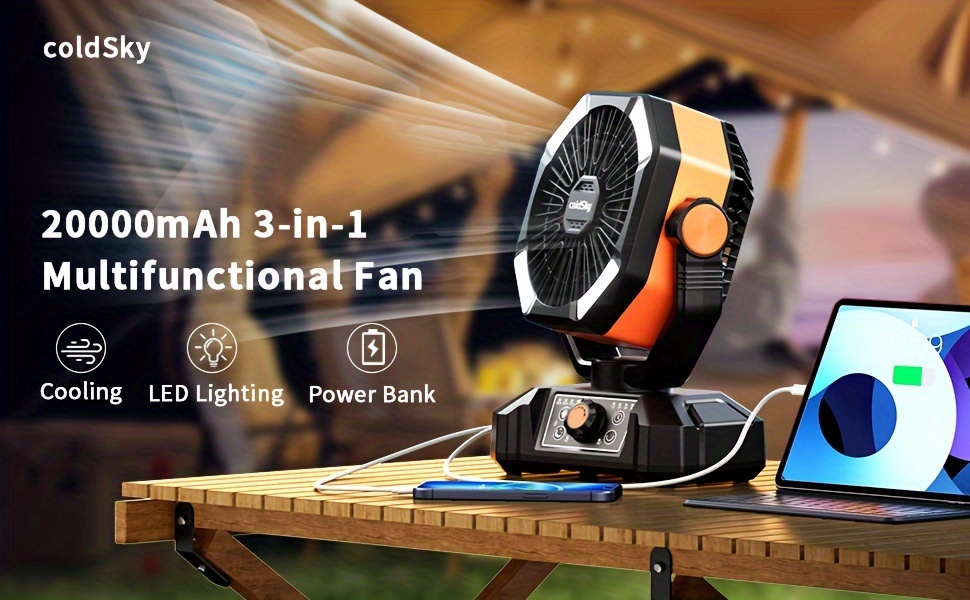 20000mAh Dual Motor Battery Powered 8 Speed Desk Fan with 4 LED Lanterns, Remote Control, and Hook for Portable Outdoor Use in Tent, Power Outage, Construction Site