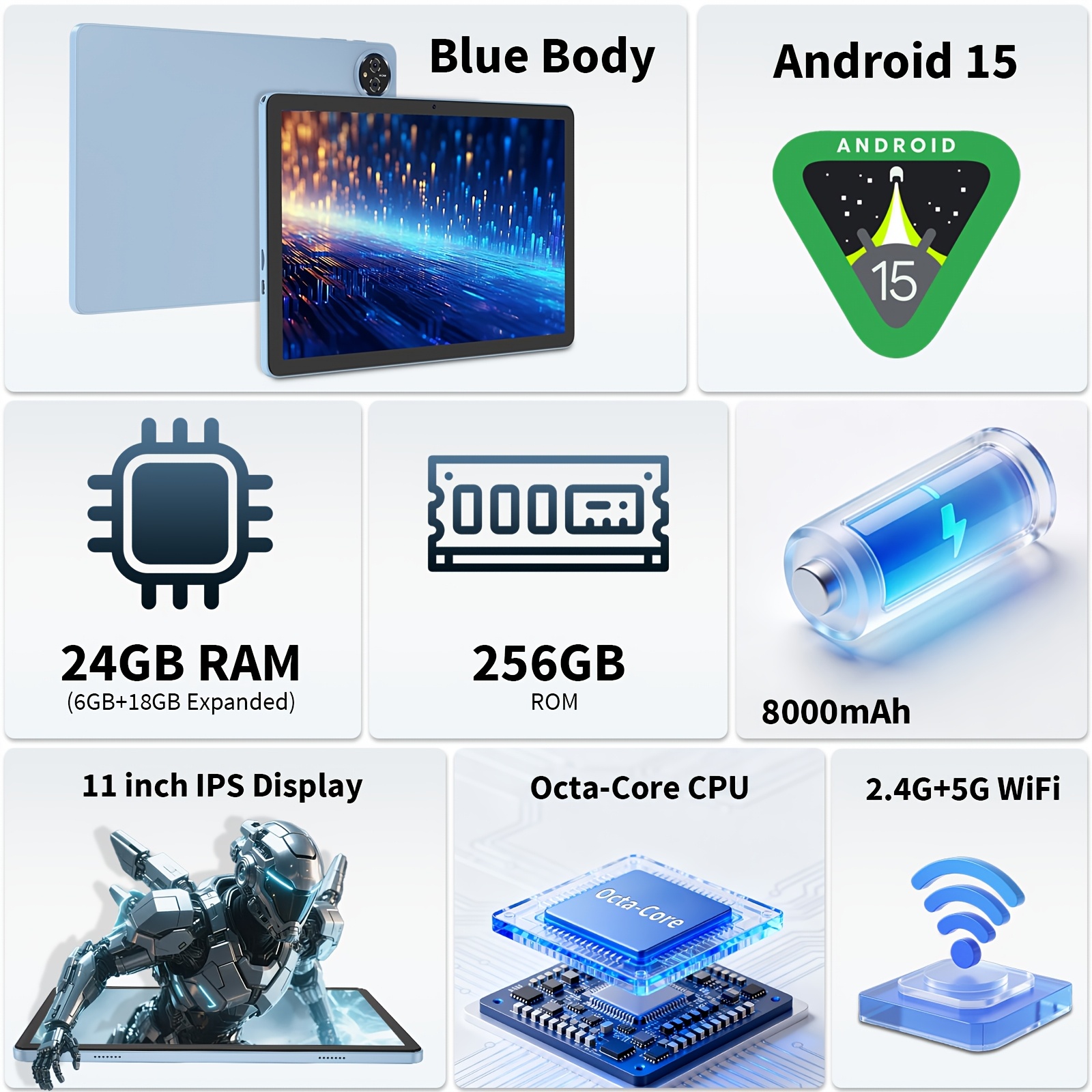 Tablet de 11 polegadas, 24GB (6+18) RAM, 256GB ROM, Processador Octa Core, Android 15 7