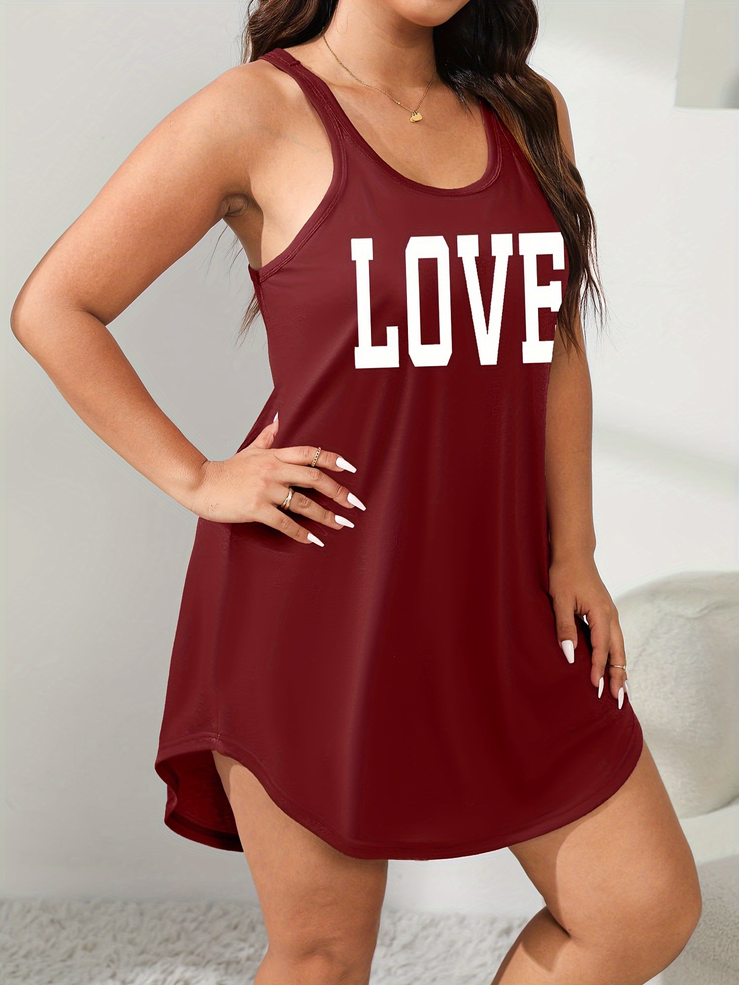 Plus Size Women's LOVE Print Sleeveless Sleep Dress - Olive Green Lounge Nightgown, Machine Washable All-Season Comfort, Casual Loungewear & Sleepwear