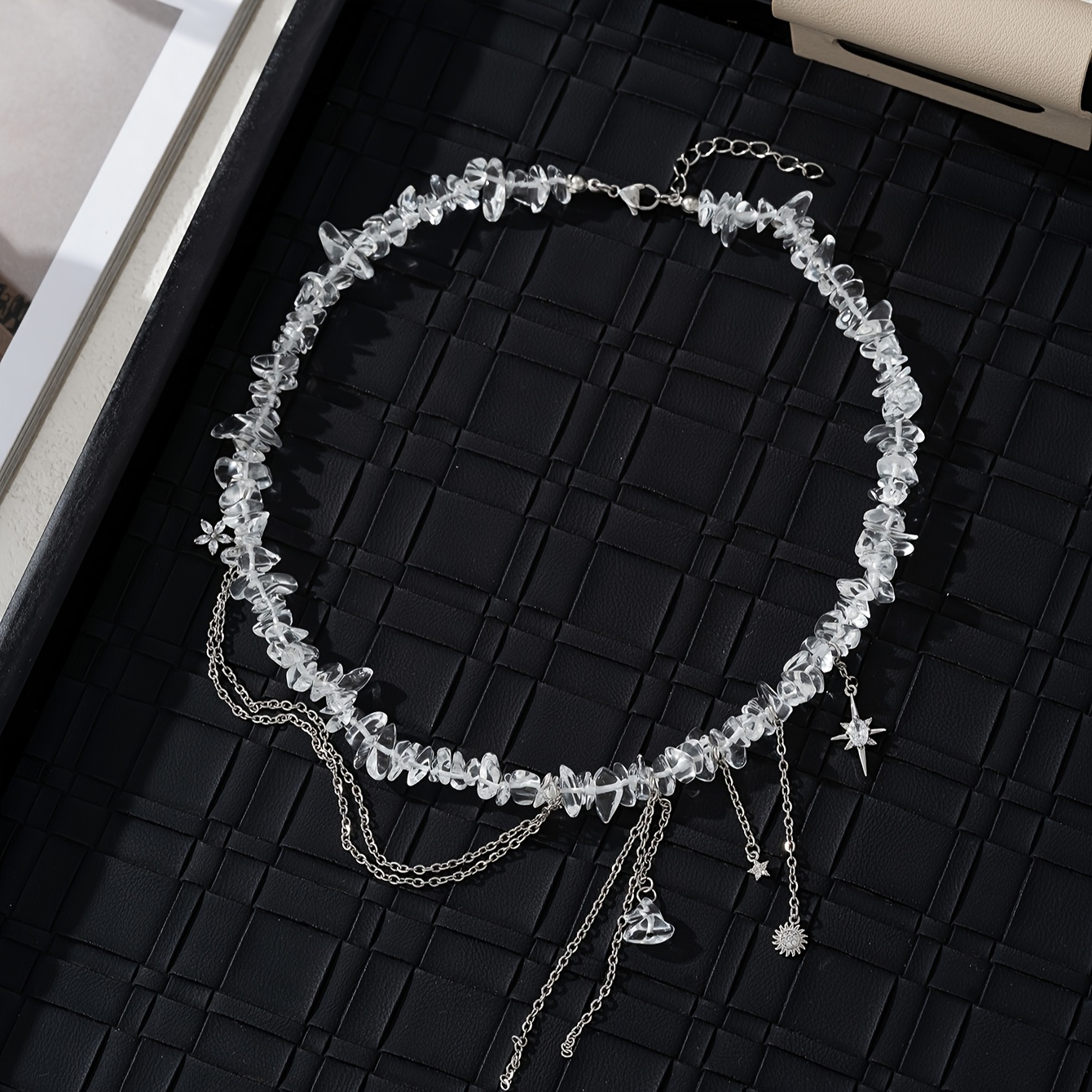 Image of 1pc Women's Fashion Pendant Necklace, Creative Irregular Stone Bead Star Flower Sun Dangle Collarbone Chain Tassel Necklace, Party Banquet Music Festival Jewelry Accessory