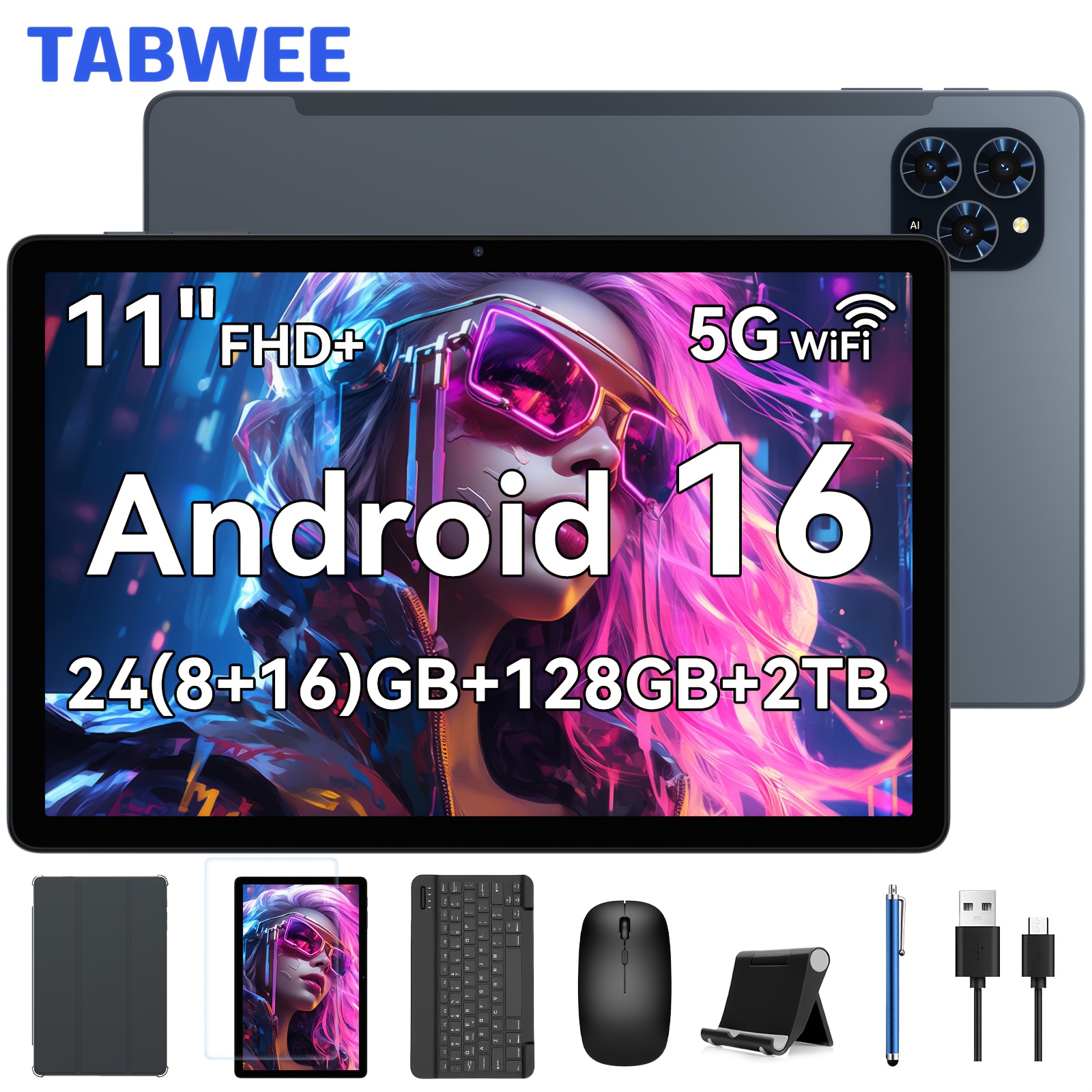 Image of Tabwee 2025 T90 Tablet 16 11 Inch, 24gb (8+16) +128gb Rom(2tb Tf), 5g Wifi, With Pen/mouse/keyboard, 8000mah/16mp+8mp/ L1/ Ai, Tablet, Pad