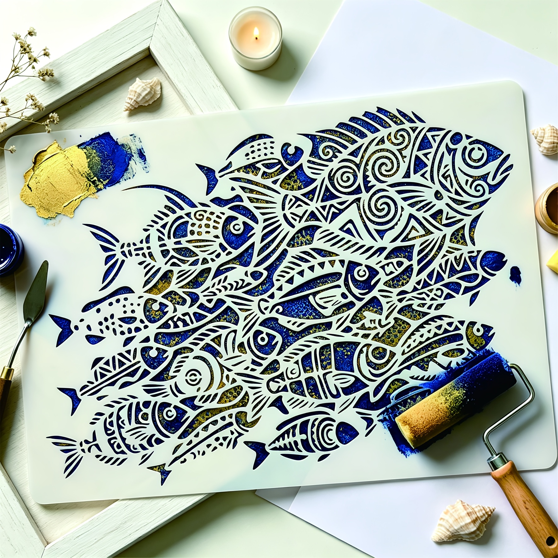 TEMU 1pc Reusable Fish School Hollow Template 111.7x8.3 Inches Tribal Ocean Theme Pattern Painting Template Marine Animals Painting Sample Suitable