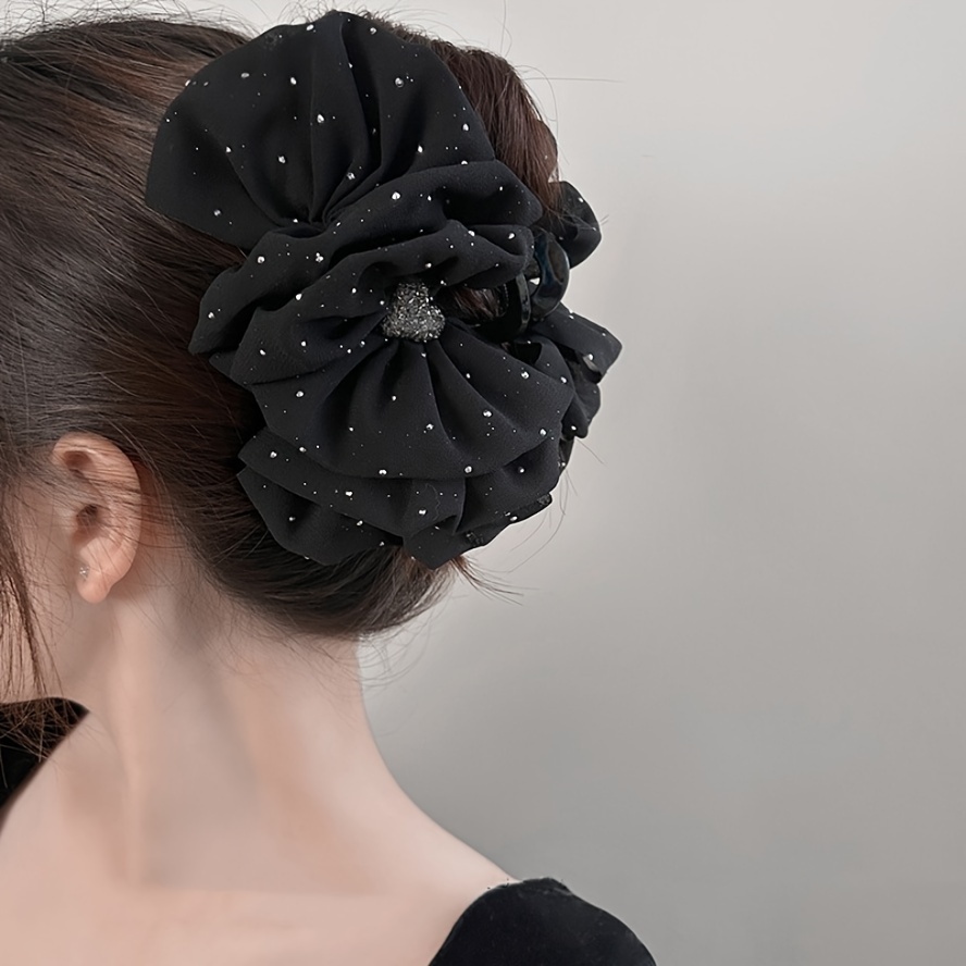 

1pc Elegant Oversized Heart Bow Hair Clip - Black Fabric Hair Accessory With Sparkling Crystals, Perfect Gift For Women And Teens, Cute Hair Clips