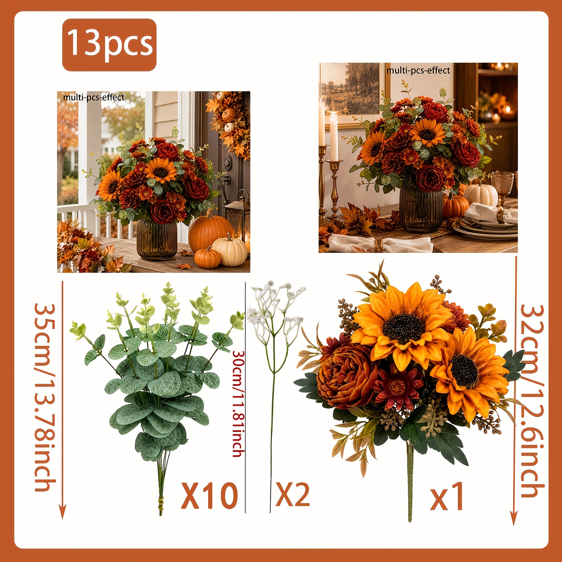TEMU 13 pezzi di fiori misti autunnali - a forma di con 'S Breath, margherita e combinazione di eucalipto, ornamenti da esterno fiori finti, adatti