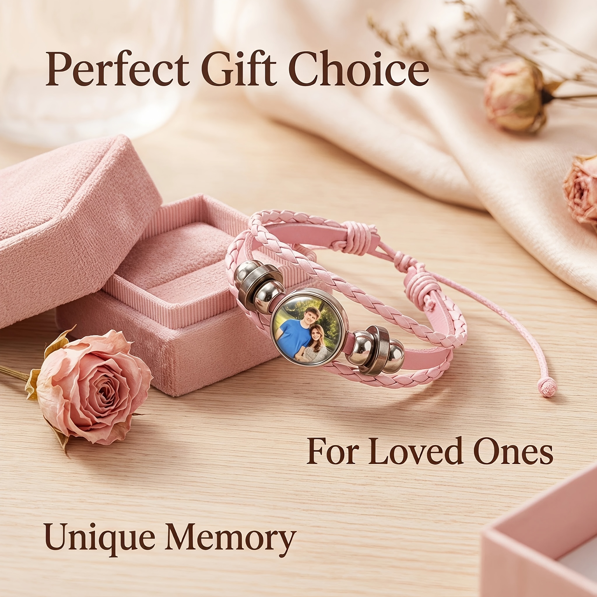 Image of [customization] 1pc Personalized Picture Women's Cute Pink Bracelet, Custom Photo Glass Patch Woven Faux Leather Bead Adjustable Bangle, Suitable For ' Gift And Couple Present