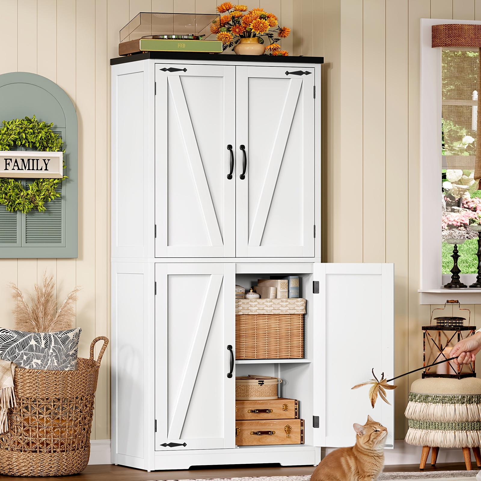 58" H Storage Cabinet With Adjustable Shelf, Farmhouse Kitchen Pantry Cabinet, Bathroom Cabinet With , Cupboard For Kitchen, Bathroom, Living Room, White