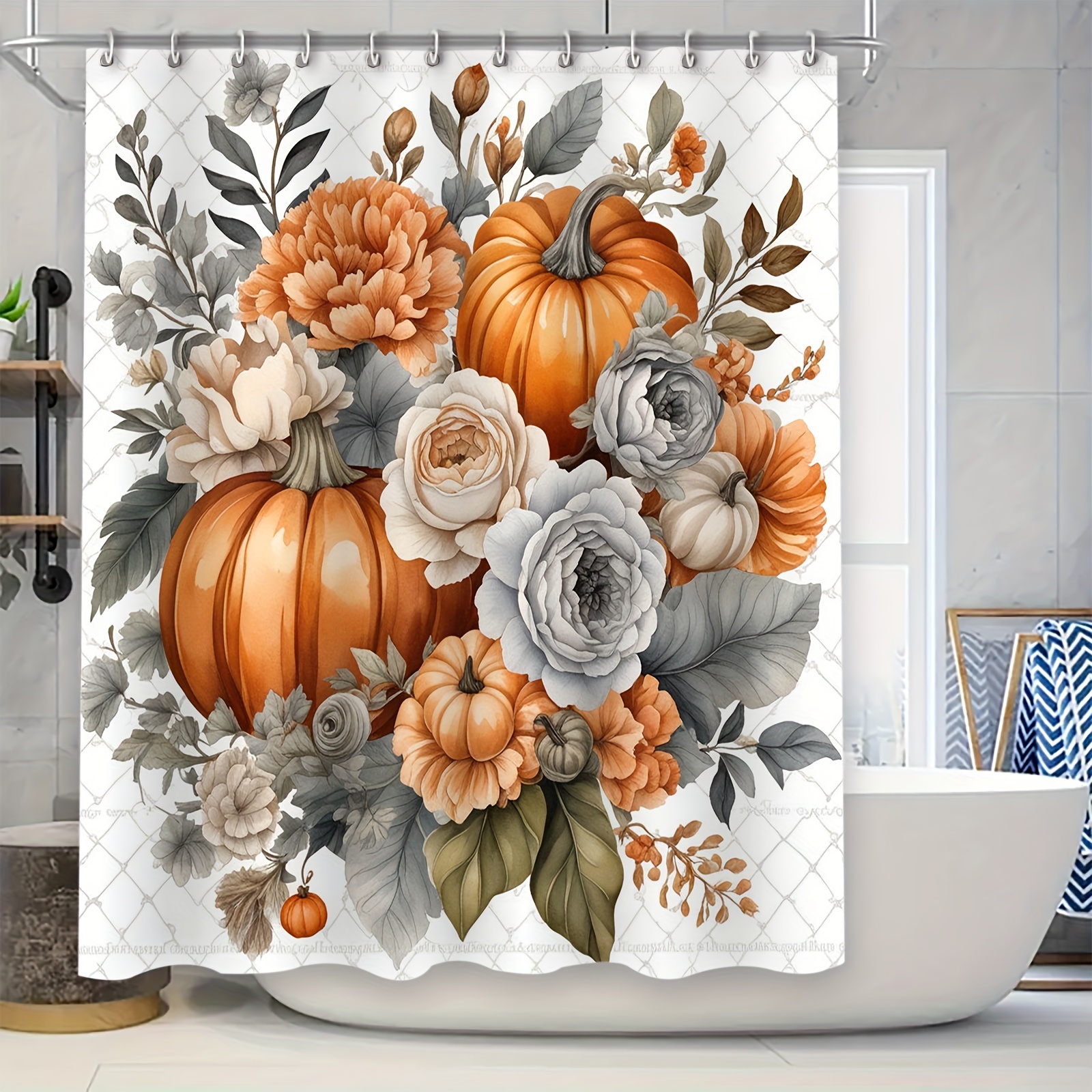 

Pumpkin Waterproof Shower Curtain Set With Non-slip Mats - Modern Fashion Bathroom Decor, 1/4pcs