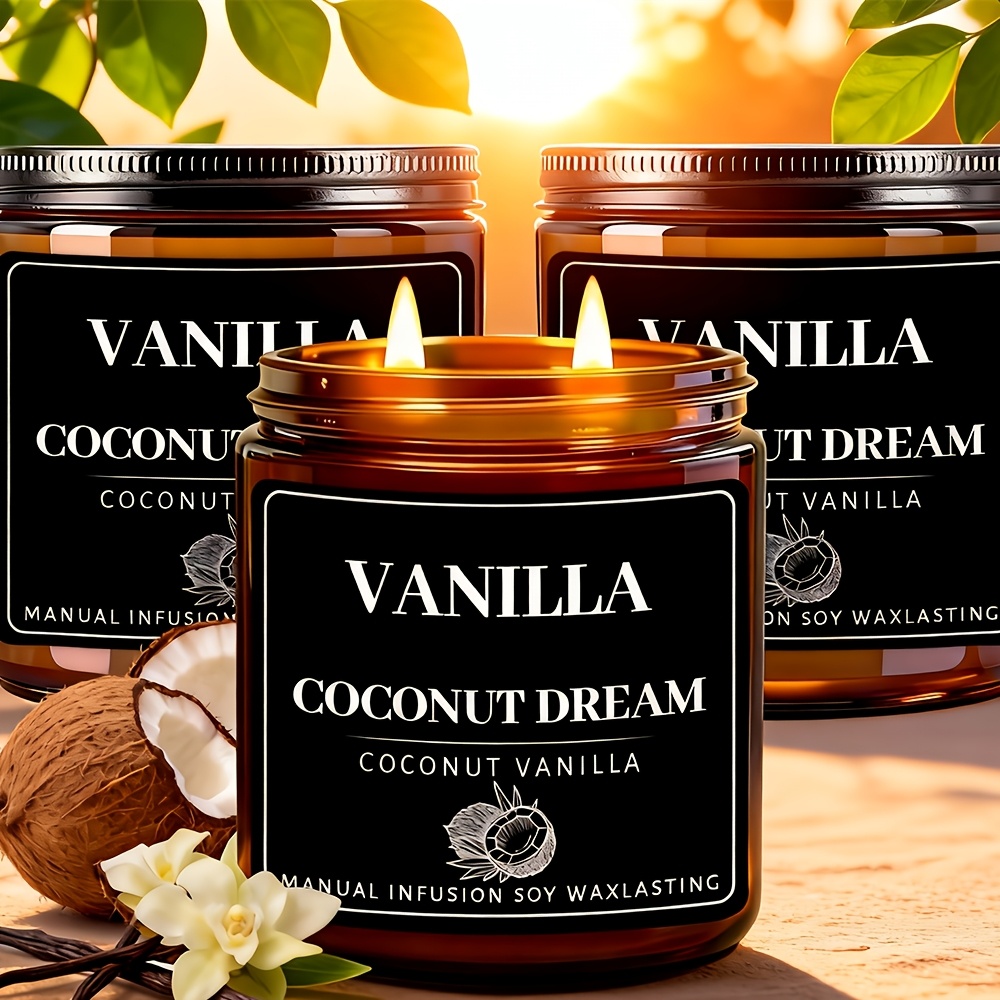 Vela aromática de 200ml (7oz) con aroma a vainilla y coco | Vela de cera de soja con doble mecha en frasco de vidrio, aroma duradero para la hora de dormir, baño, decoración, decoración de mesa, ideal para el Día de San Valentín, Navidad, Día de la Madre