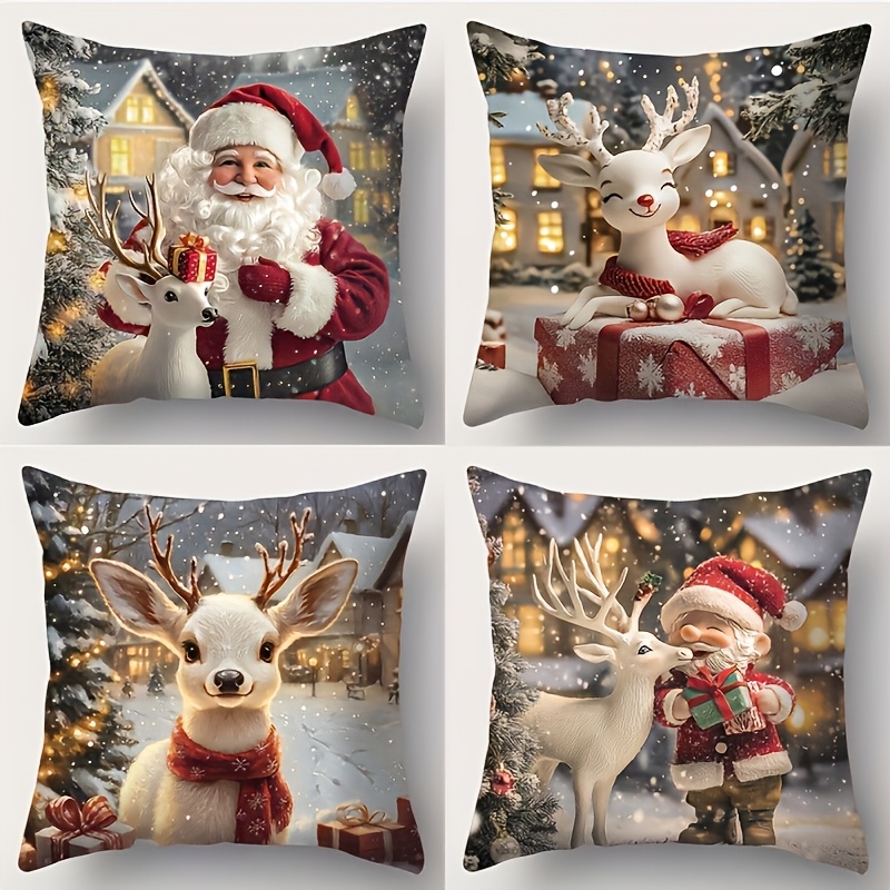 TEMU Juego de 4 fundas de cojín navideñas medievales cálidas, estampado de Santa Claus, renos y de nieve de poliéster de cara, fundas de cojín