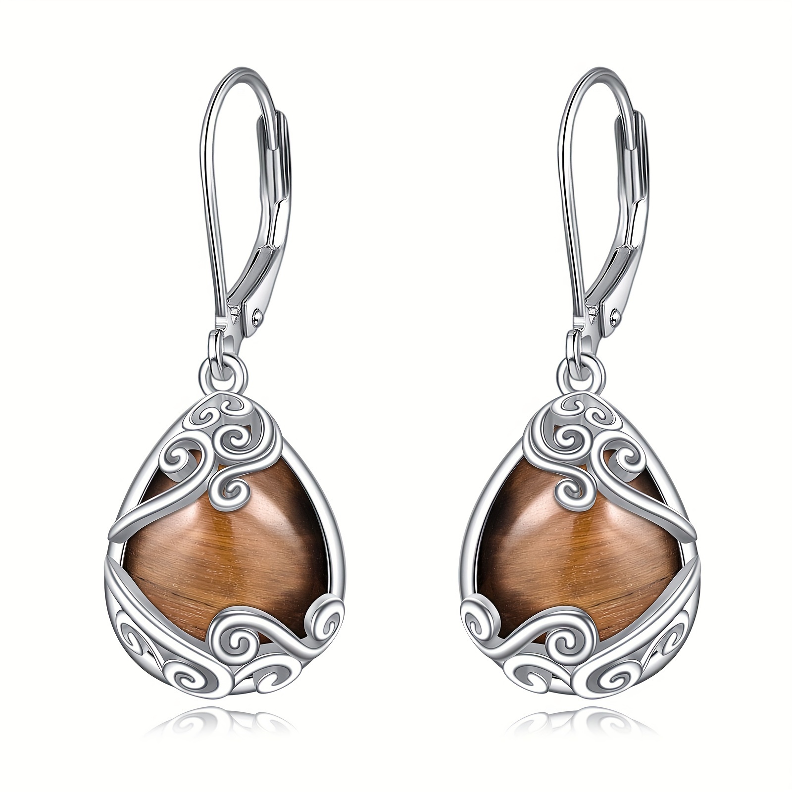 

925 Sterling Eye Stone Filigree Drop Dangle Teardrop Earrings Tiger Eye Stone Leverback Earrings For Women Jewelry Gifts