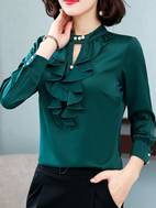 1pc womens elegant ruffle stand collar long sleeve blouse polyester mermaid hem shirt solid color pullover skinny fit for weekend casual woven ruffle sleeve blouse